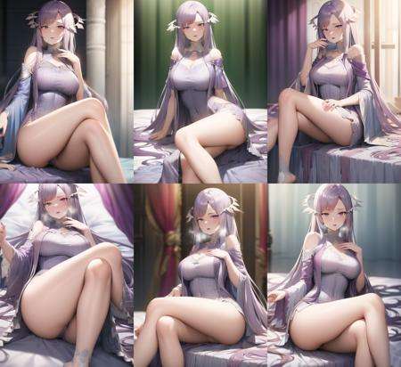 <lora:quinella-000035:1>, ginhaha, bangs, bare shoulders, bed sheet, blurry, blush, bow, breath, depth of field, dress, female focus, hand on own leg, looking at viewer, open mouth, parted lips, purple bow, purple dress, skirt, solo,