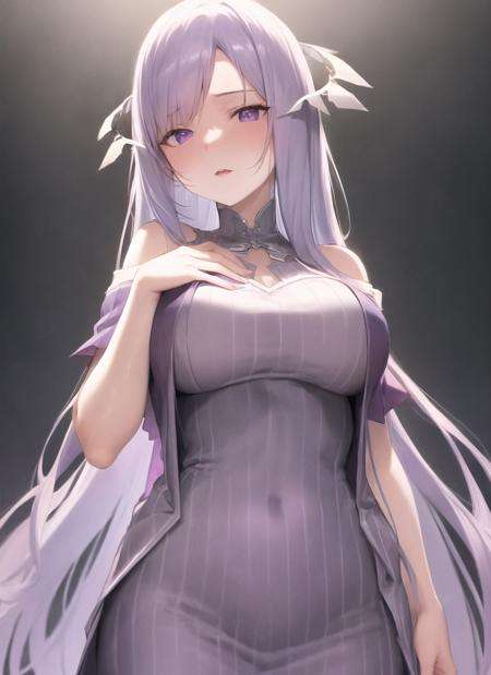 <lora:quinella-000035:1>, bangs, bare shoulders, blurry, blush, bow, breath, depth of field, dress, female focus, looking at viewer, open mouth, parted lips, purple bow, purple dress, skirt, solo, standing