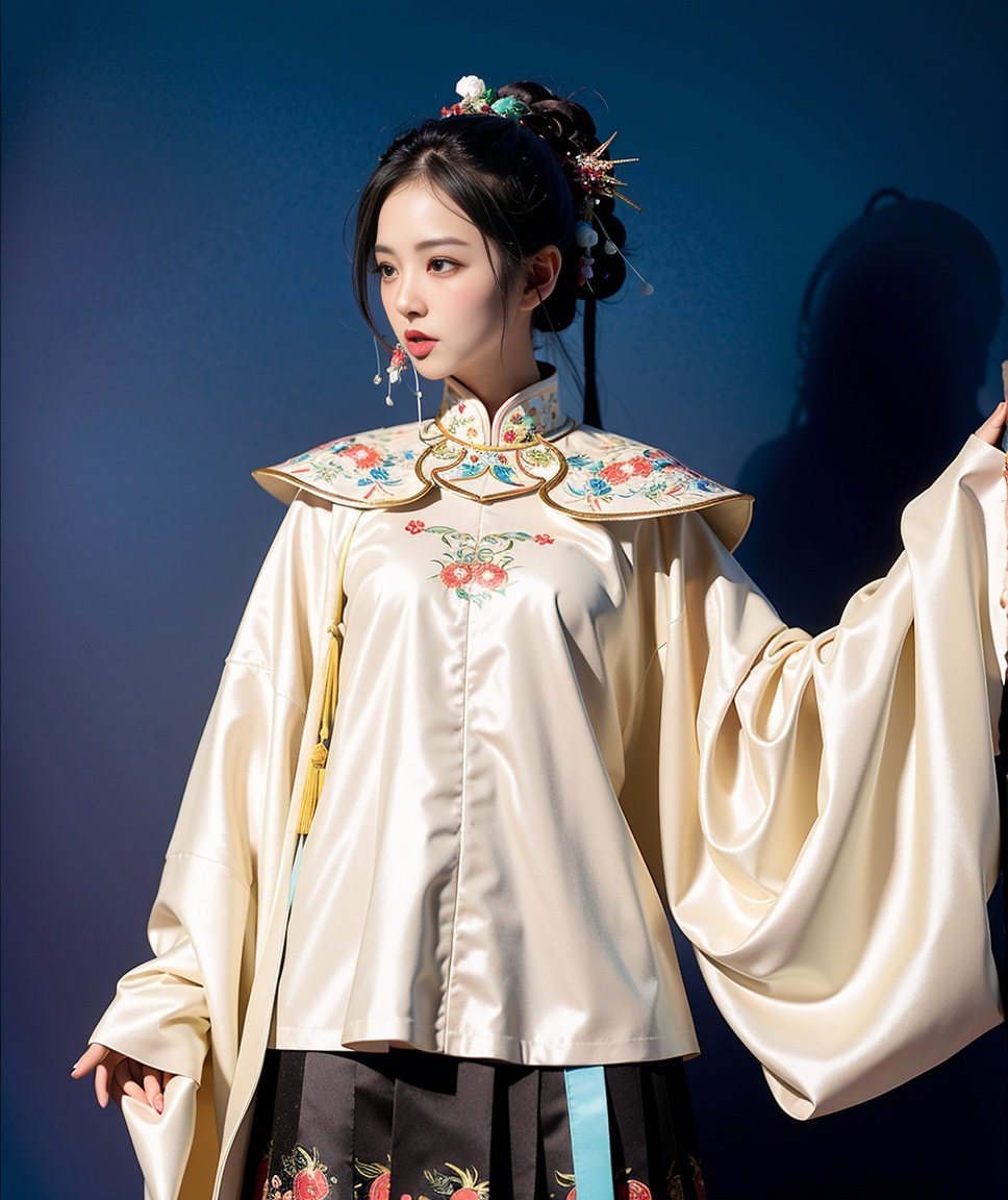 masterpiece, best quality,realistic,simple background, hanfu,ming style outfits, white short coat, yunjian, black mamian skirt