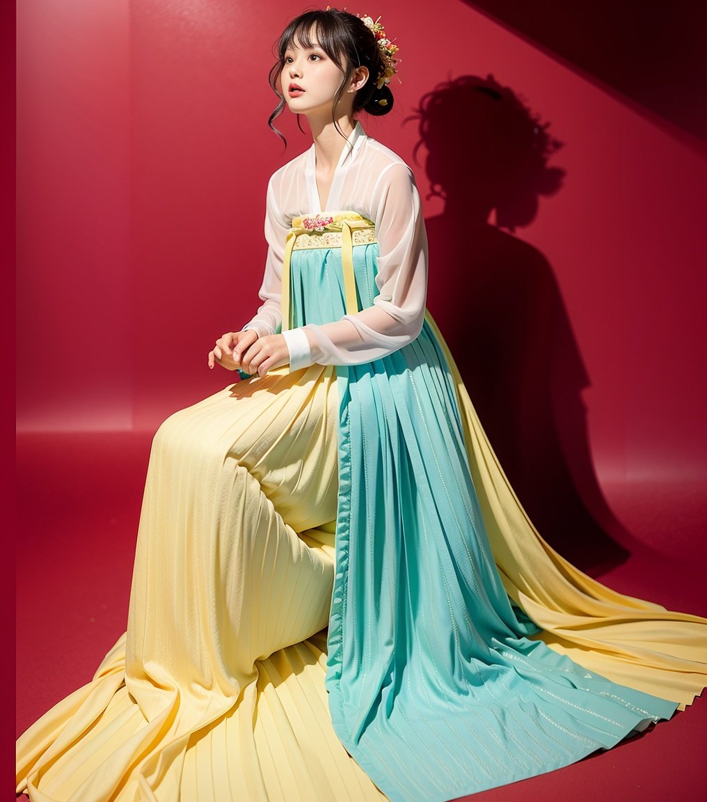 masterpiece, best quality,realistic, (color palette (background)), 1girl, (hanfu, tang style outfits, upper shan, chest pleated skirt)