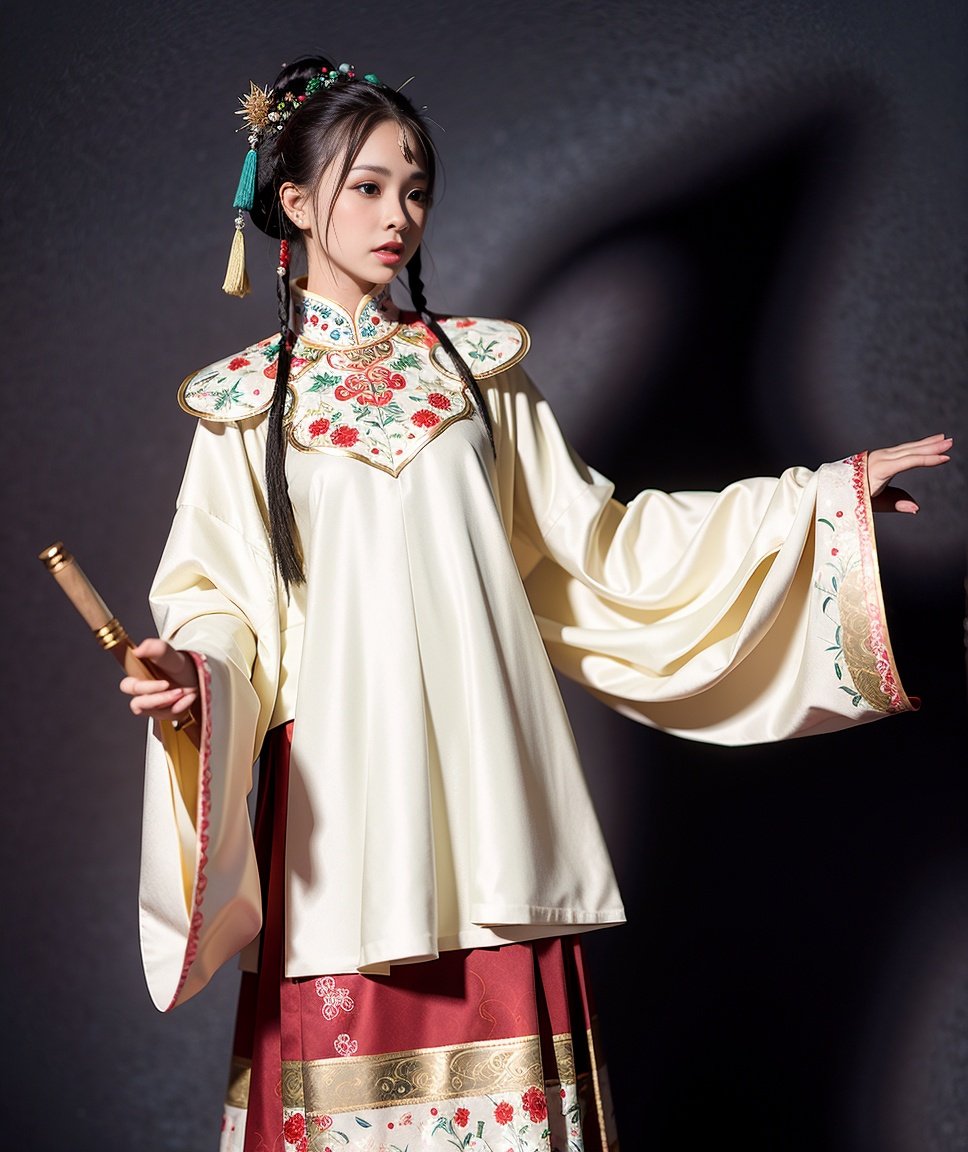 masterpiece, best quality,realistic,simple background, hanfu,ming style outfits, white short coat, yunjian, black mamian skirt