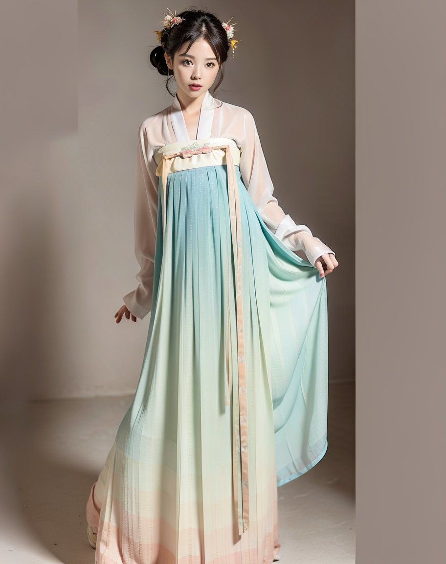 masterpiece, best quality,realistic, (color palette (background)), 1girl, (hanfu, tang style outfits, upper shan, chest pleated skirt)