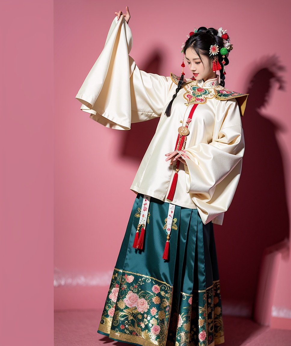 masterpiece, best quality,realistic,simple background, hanfu,ming style outfits, white short coat, yunjian, black mamian skirt