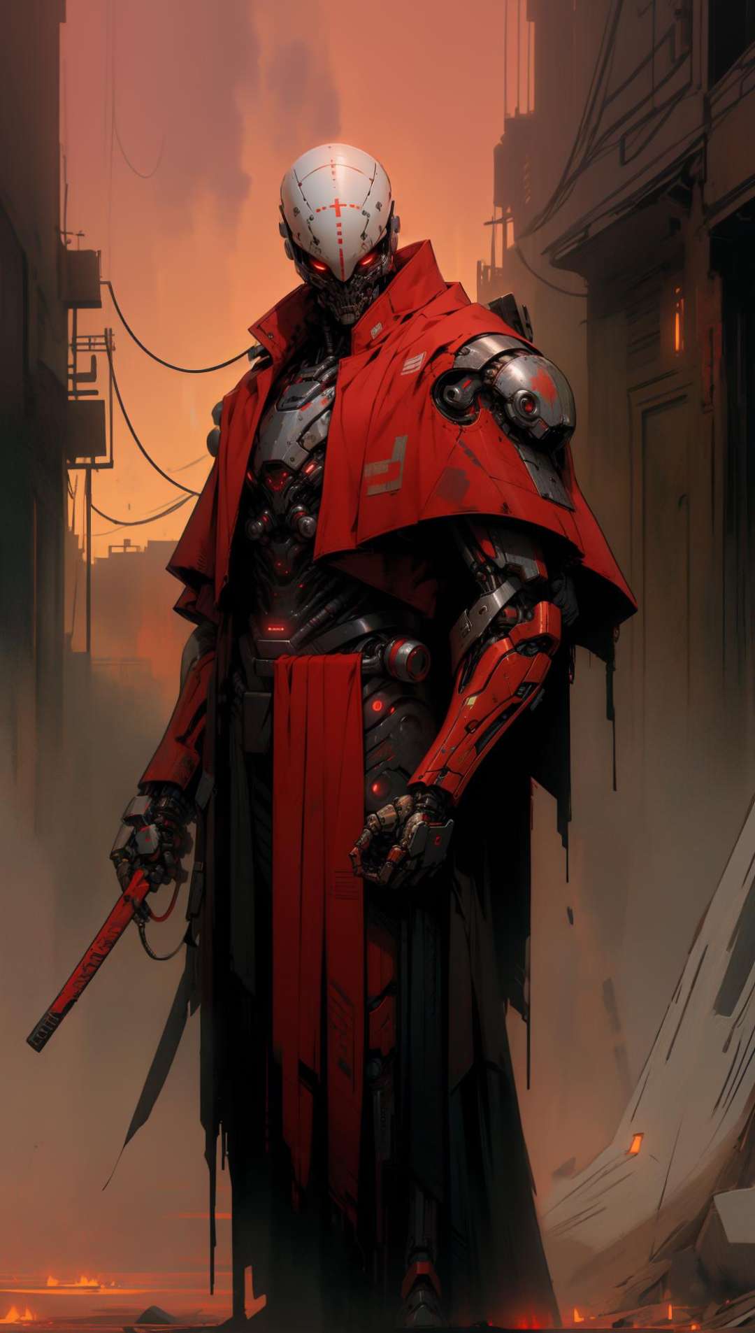 derpd, lethal cyborg assassin wearing robes armor, danger, red sky,post apocalypse <lora:derpd - DerpdeedooStyle:0.8> <lyco:EnvyAssassin01:0.7> <lora:nijiarmor:0.6>