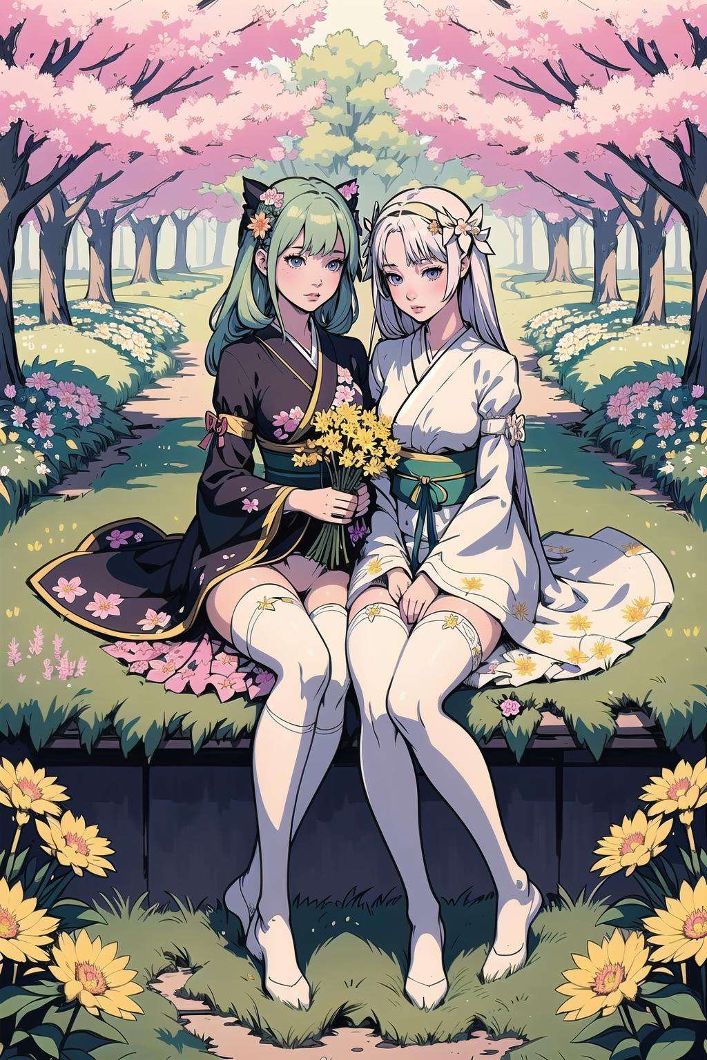 2girls, couple, cuddling, (masterpiece, best_quality, ultra-detailed, immaculate:1.3), epic, illustration, 1girl, (flowery Campcore:1.3) catgirl, full body, [:revealing, formal costume design,:0.2], official art, japanese, creepy pastel goldenrod lighting from above, on a  country road, bombshell hair, platinum hair, Hair Bow, pigeon pose
