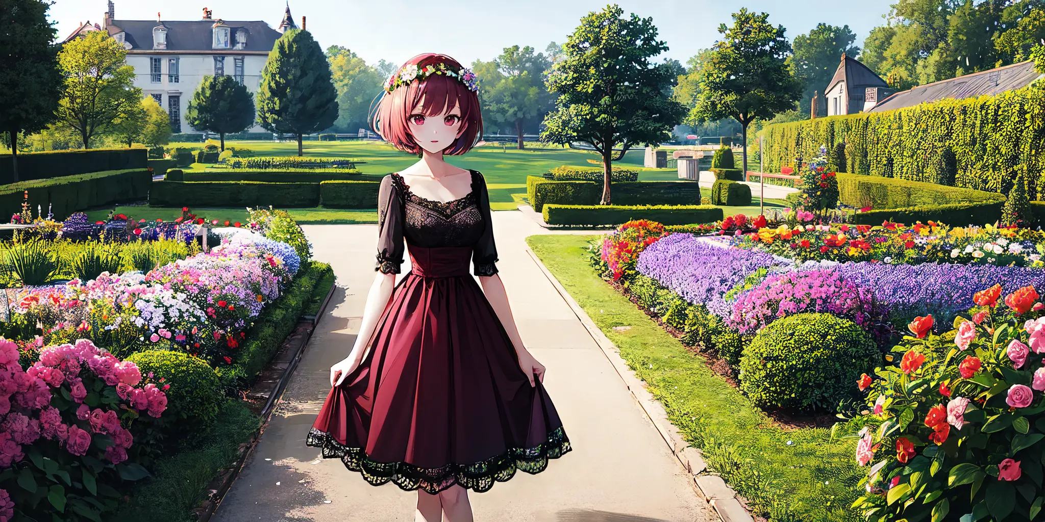 absurdres, highres, best quality, 1girl, lace-trimmed dress,garden, burgundy,short hair,flower crown, wide shot, 