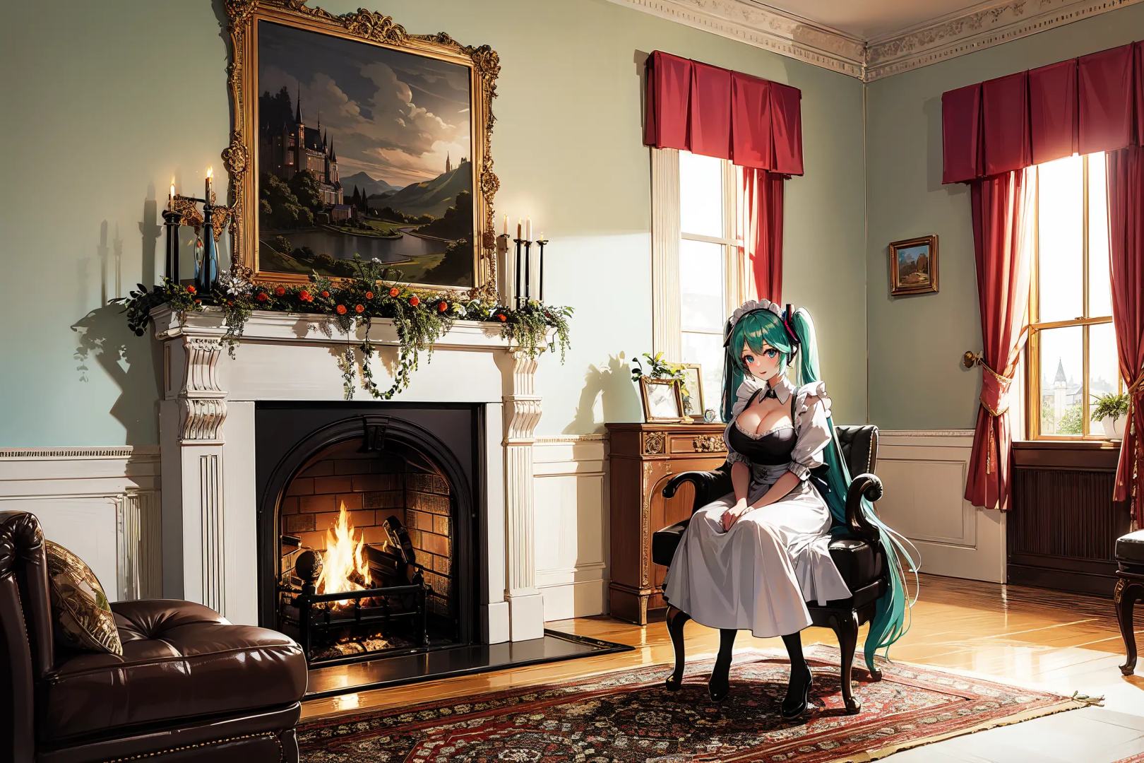 absurdres, highres, best quality, 1girl, scenery, landscape, hatsune miku, castle, maid, full body, fireplace, indoors, cleavage, 