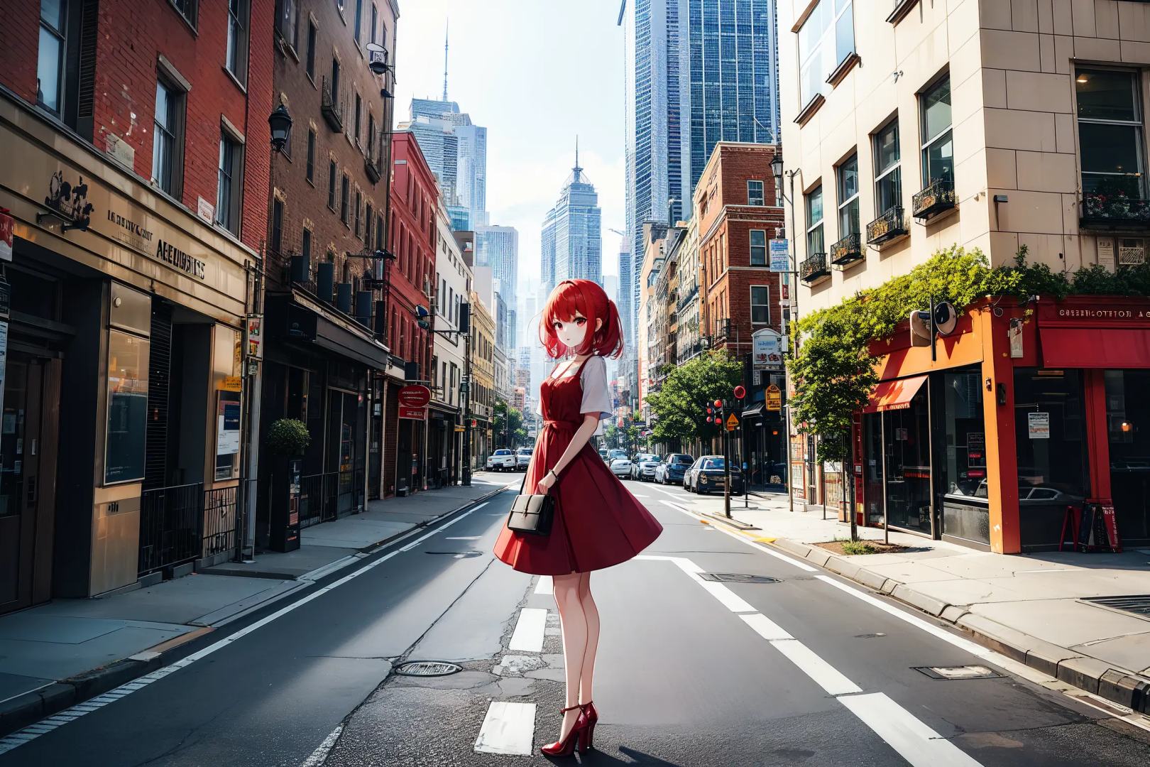 absurdres, highres, best quality, 1girl,  full body, standing, red dress, outdoors, city, street, 