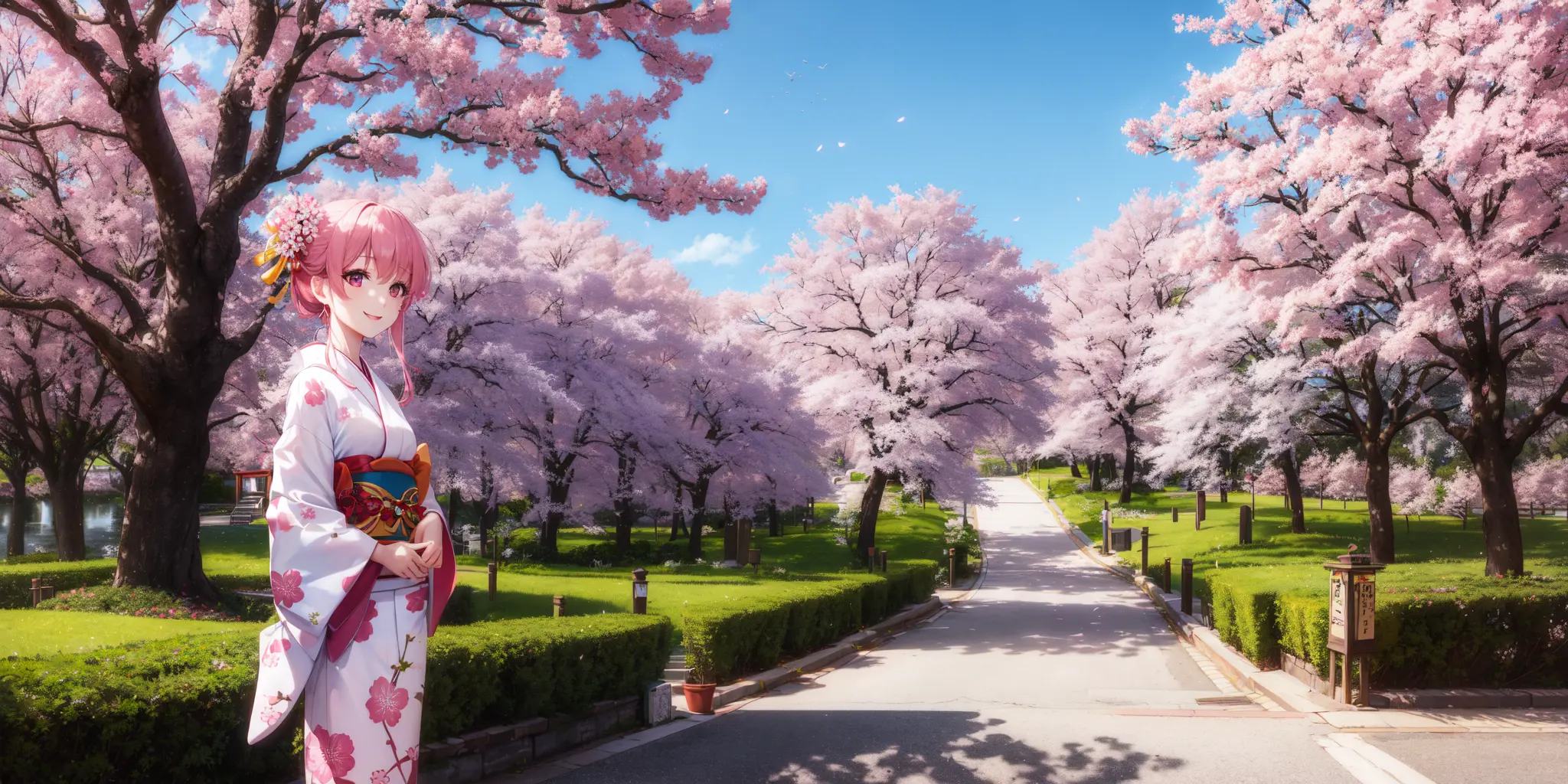 absurdres, highres, best quality, 1girl, cherry blossoms, day, happy, Japan, kimono, long hair, looking at viewer, nature, outdoors, sakura, smiling, spring, standing, vibrant, wide shot, womanThe woman stands in Japan, surrounded by cherry blossoms in full bloom. The sky is a vibrant shade of blue, complementing the pink and white hues of the blossoms. She wears a traditional kimono, which enhances the natural beauty of the scene. With a bright smile on her face, she looks directly at the viewer, exuding happiness and joy. Her long hair flows freely in the gentle breeze, adding to the sense of serenity and tranquility. The scene is one of pure beauty, a reminder of the delicate balance between humanity and nature. The wide shot captures the full majesty of the landscape, emphasizing the scale and grandeur of the cherry blossom trees. It's a moment frozen in time, a celebration of spring and new beginnings, and a testament to the enduring power of beauty and grace.