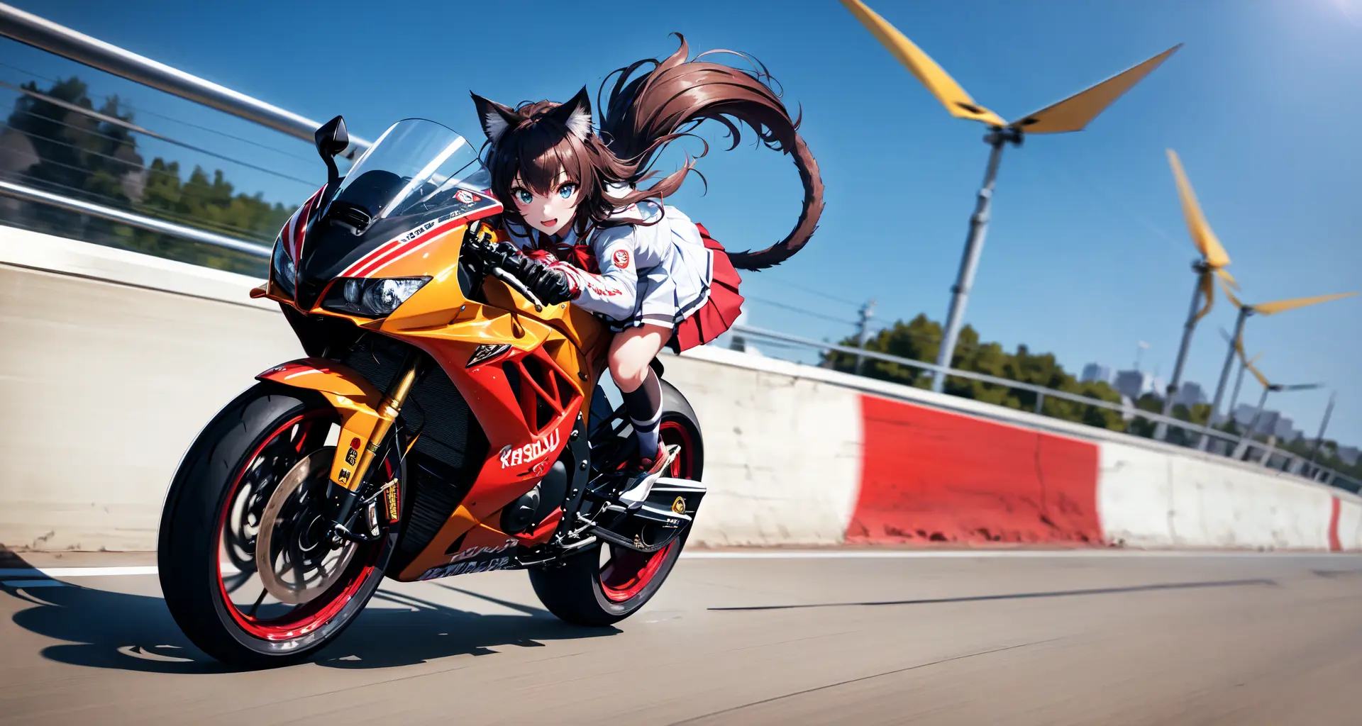 absurdres, highres, best quality, 1girl, motorcycle, (school uniform:1.3), motion lines, speed lines, racing, city, cat ears, skirt, long hair, wind, wind lift, 