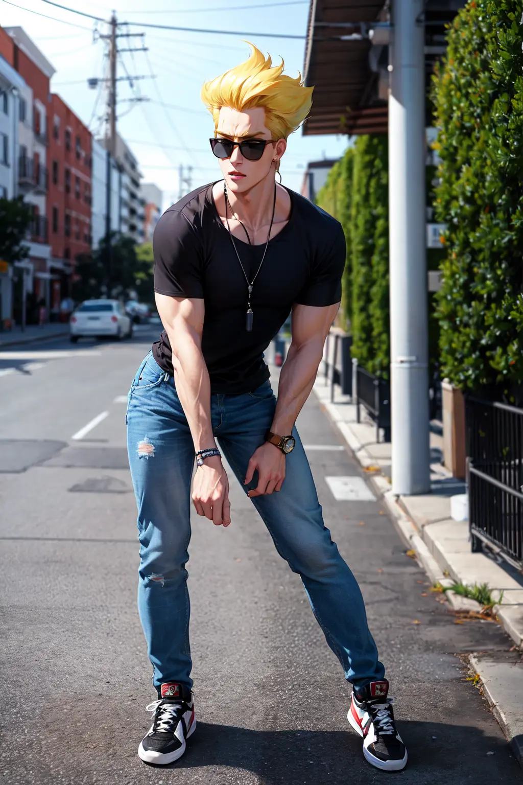 absurdres, highres, best quality,  johnny bravo \(series\), sunglasses, blonde hair, black t-shirt, denim pants, solo, 