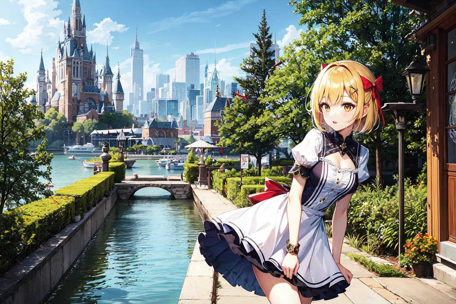 absurdres, highres, best quality, 1girl, cap sleeve dress,fantasy city, dirty blonde,very short hair,hair ribbon,