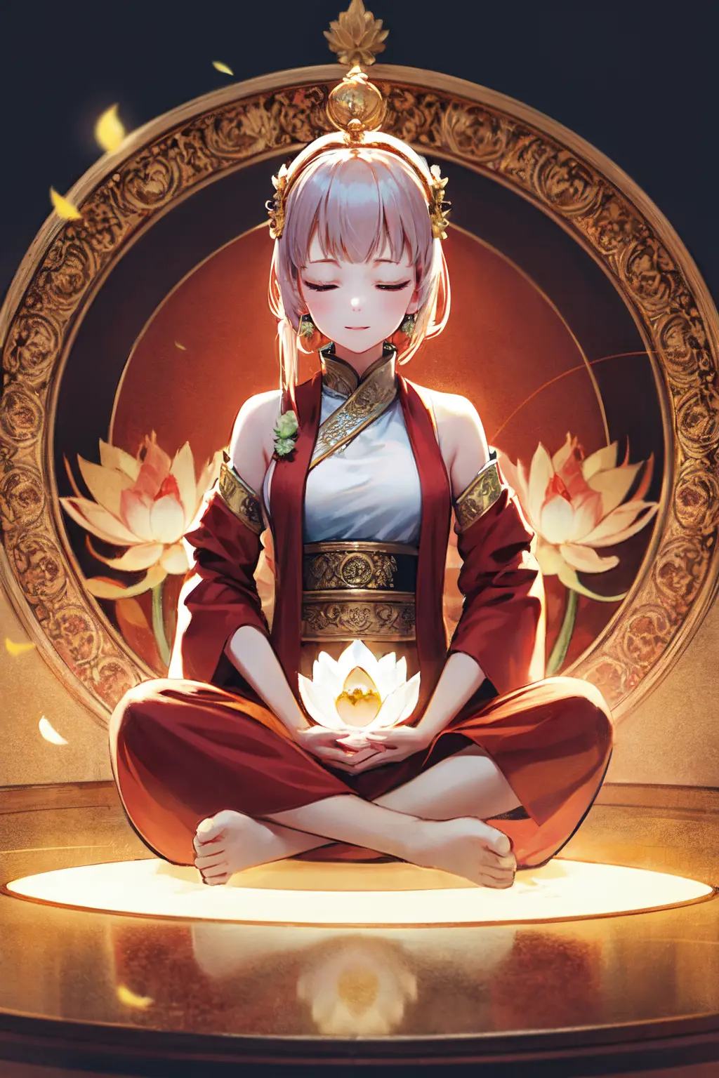 absurdres, highres, best quality, 1girl, lotus position, meditation, closed eyes, monk, 