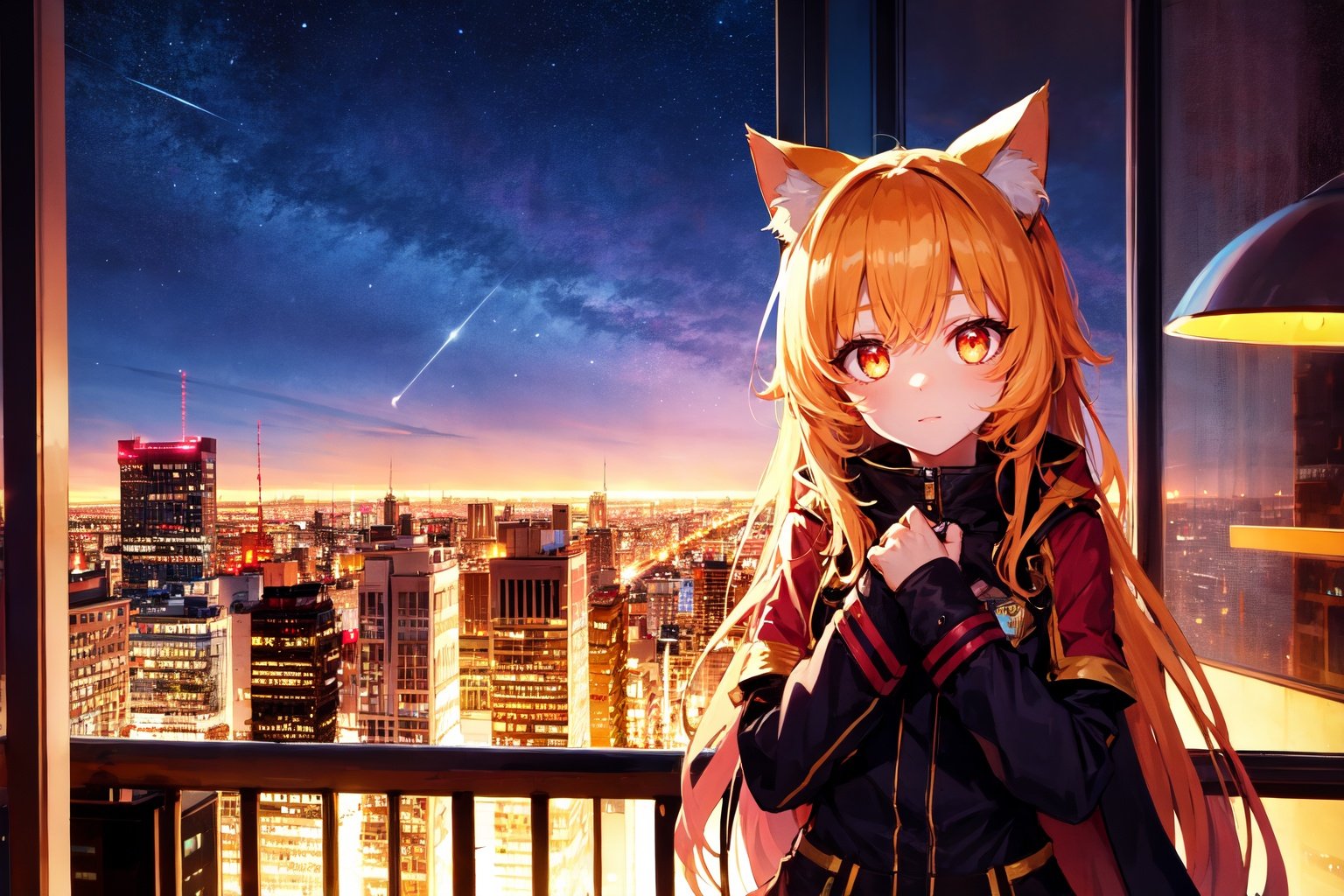 absurdres, highres, best quality, 1girl, rooftop, city, night, stars, zettai_ryouiki, cat ears, cat_eyes, slit_pupils, glowing eyes,