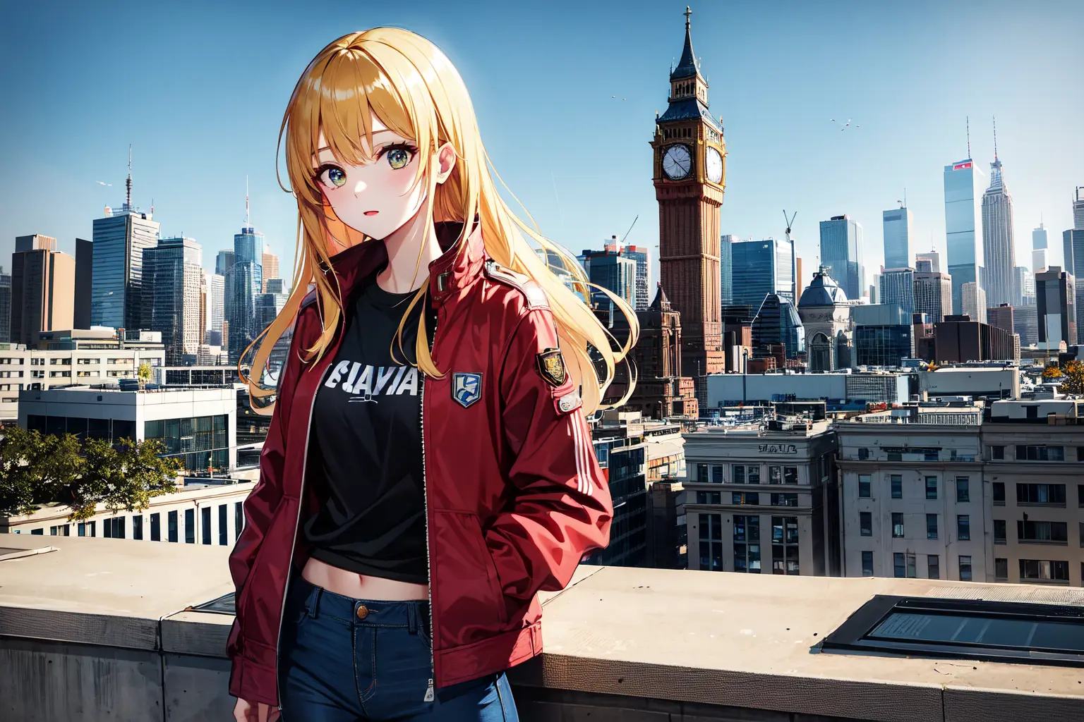 absurdres, highres, best quality, 1girl, solo, blonde hair, jacket, denim, jeans, long hair, pants, red jacket, clock, tower, clock tower, city, rooftop, 