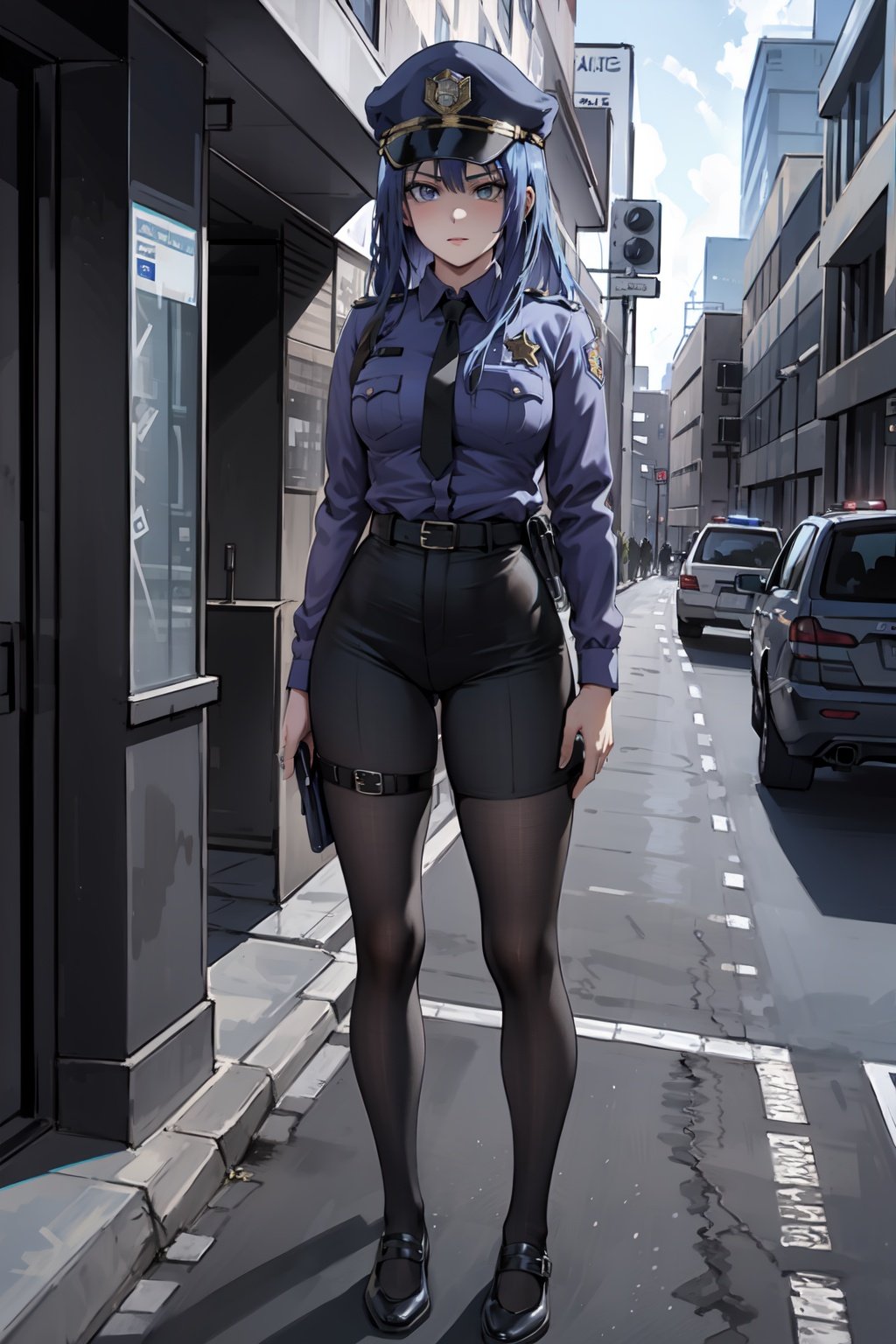 Standing, police_outfit, blue_hair, seductive, 1GIRL