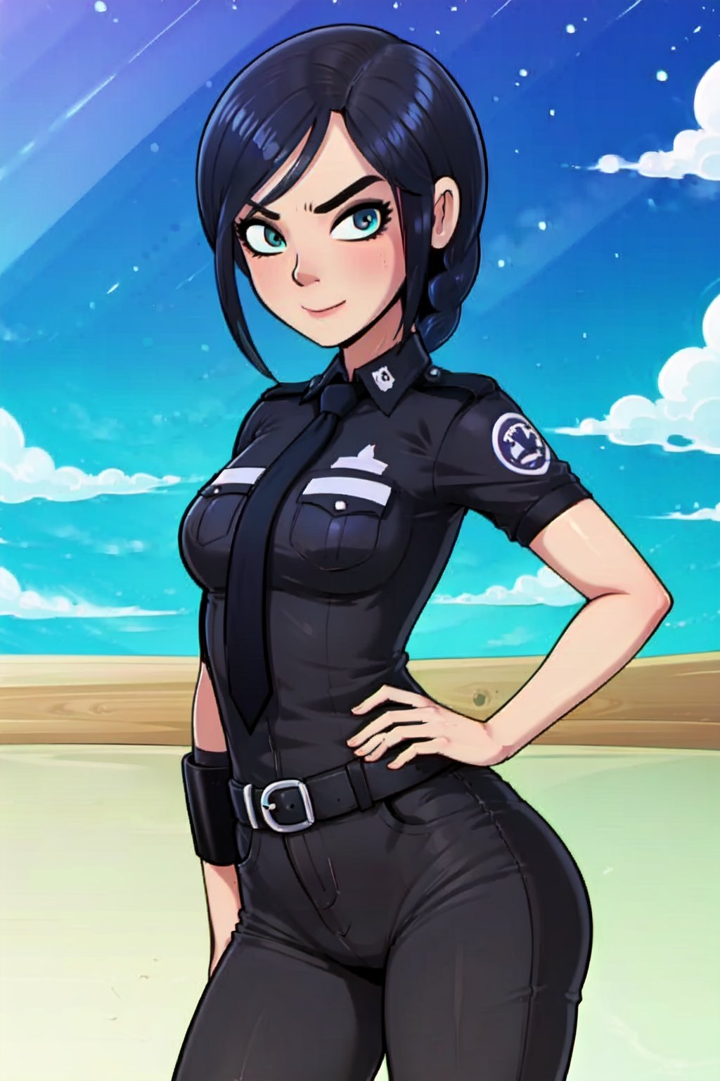 Standing, police_outfit, blue_hair, seductive, looking_at_viewer, 1GIRL, <lora:EMS-5491-EMS:1>