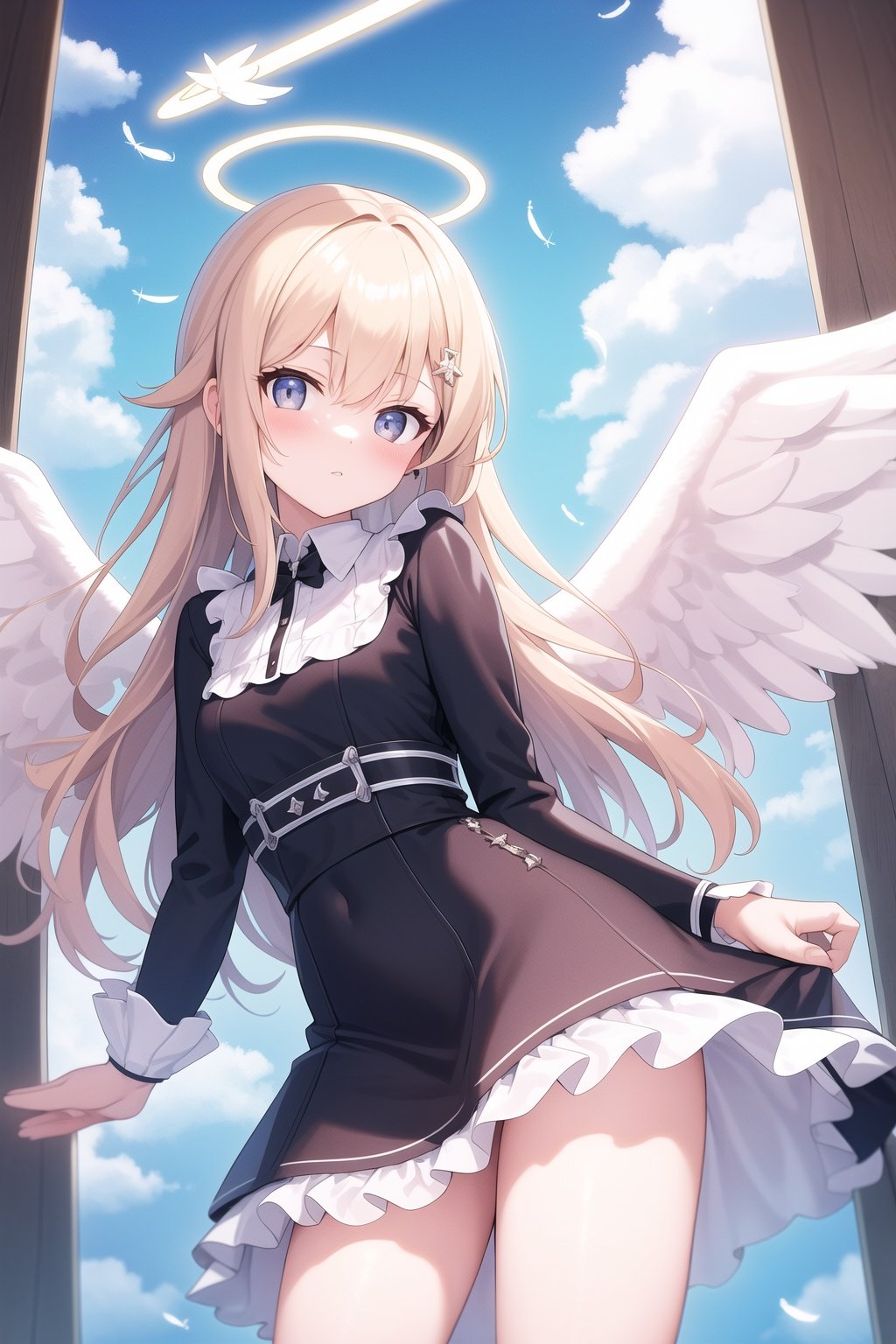 masterpiece,high quality,looking at viewer,1girl,solo,angel,angel wings,halo,sky,feather,cloud,