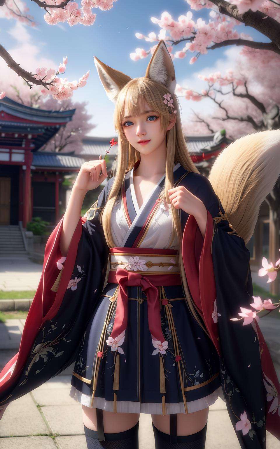 (masterpiece, best quality:1.3), (ultra detailed, cinematic lighting:1.2), 1girl, solo, blonde hair, long hair, blue eyes, fox ears, fox tail, kimono, black thighhighs, shrine, cherry blossoms, sakura blossoms leaves, outdoors, dynamic angle