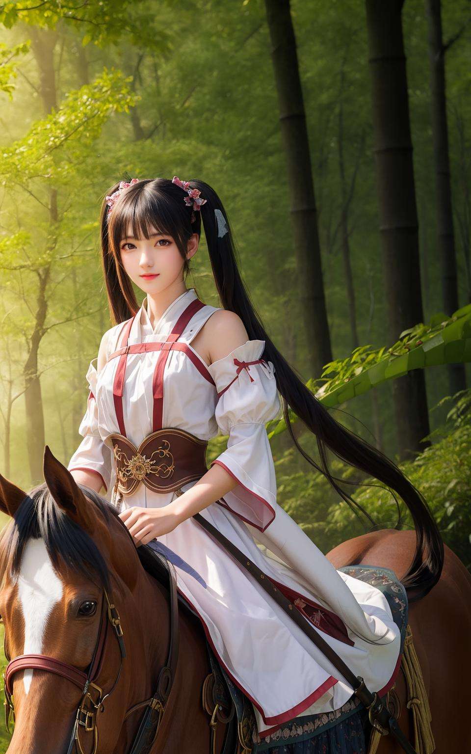 Masterpiece,best quality,(Highest picture quality),(Master's work),(ultra-detailed),{top quality},cg,1girl,dress,twintails,Bamboo forest,horse,sword,battle,horseback riding,yaguru magiku,Photograph,realistic,