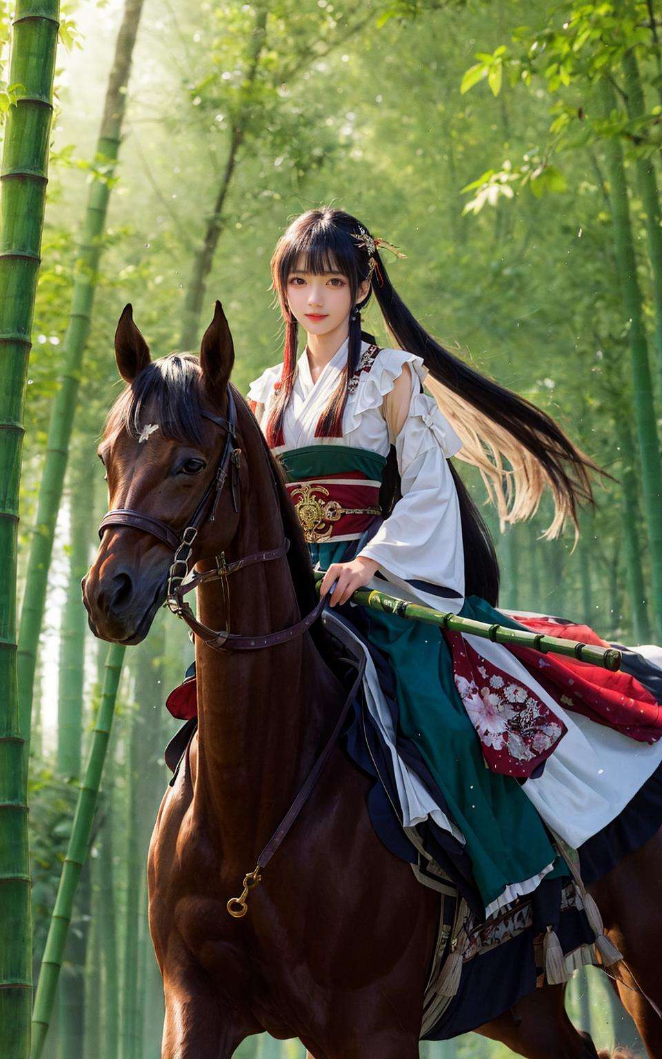 Masterpiece,best quality,(Highest picture quality),(Master's work),(ultra-detailed),{top quality},1girl,dress,Bamboo forest,horse,sword,battle,yaguru magiku,