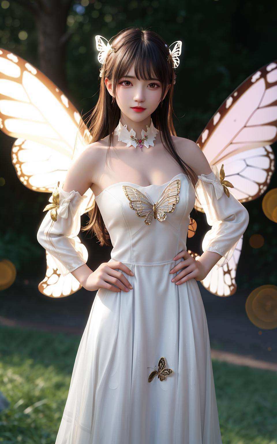 best quality,masterpiece,highres,cg,1girl, wings, solo, dress, detached sleeves, white dress, hand on hip, bare shoulders, looking at viewer, fairy wings, detached collar, strapless, butterfly wings, jewelry, fairy, strapless dress, lighting,candid,Photograph,high resolution,4k,8k,Bokeh,