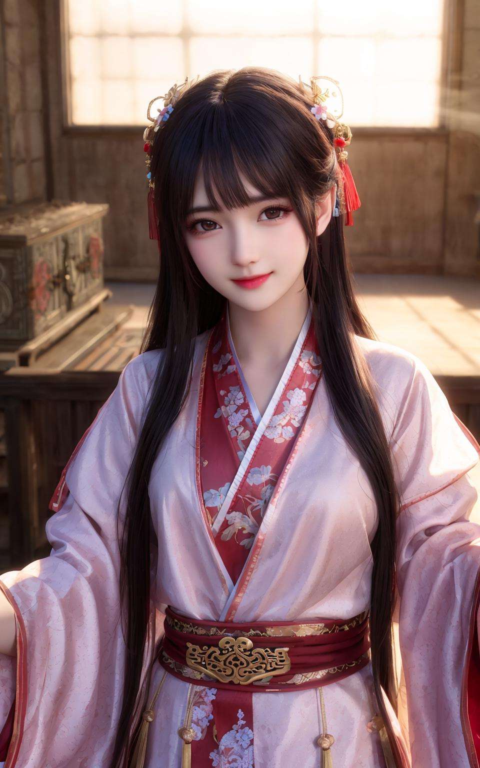 best quality,masterpiece,highres,1girl,blush,(seductive smile:0.8),star-shaped pupils,red china hanfu,hanfu,chinese clothes,hair ornament,necklace,jewelry,Beautiful face,upon_body,tyndall effect,photorealistic,dark studio,rim lighting,two tone lighting,(high detailed skin:1.2),8k uhd,dslr,soft lighting,high quality,volumetric lighting,candid,Photograph,high resolution,4k,8k,Bokeh,