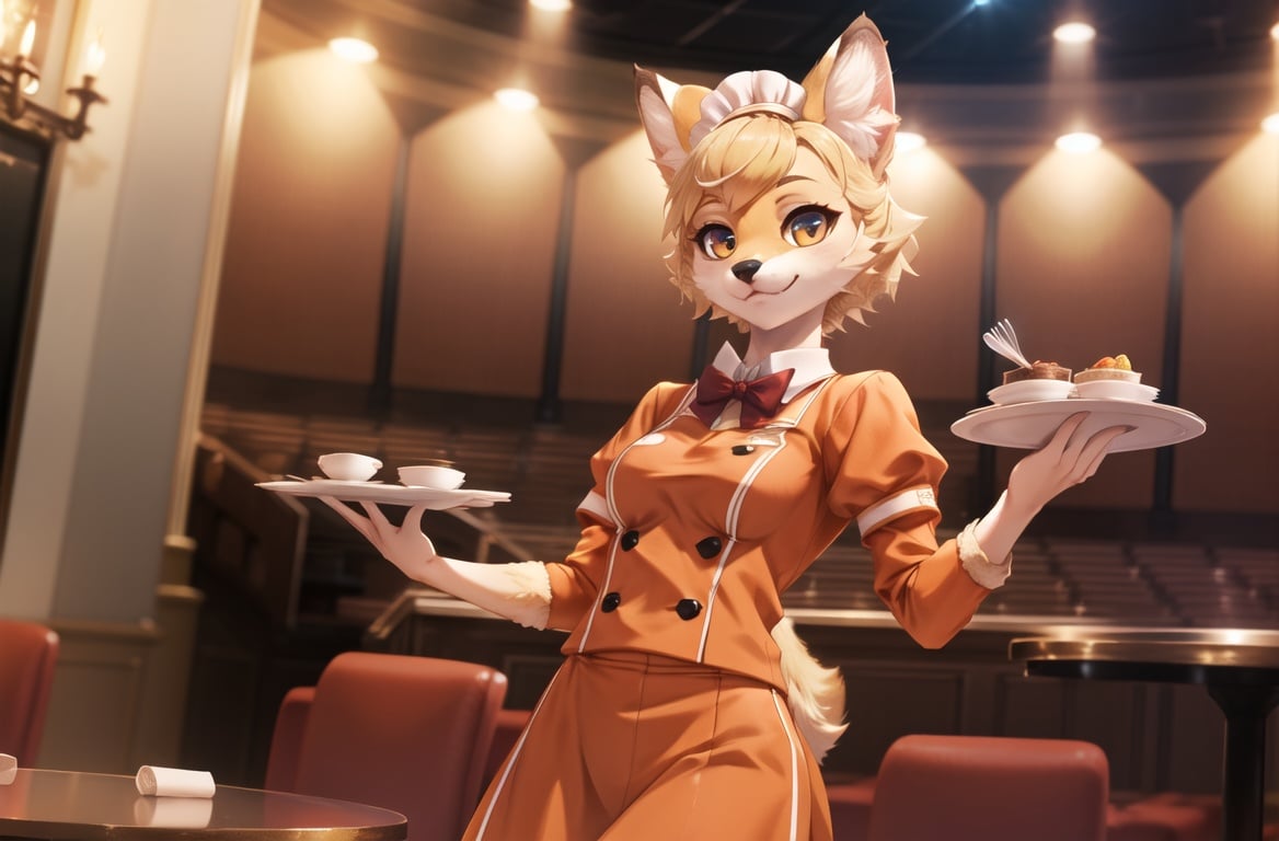 masterpiece, best quality,hdr,8k,1girl,furry female,persona dancing, solo,(high detail fur:1.2),cinema angle,8K,game CG,after performperfect lighting,servalcat,(waiter orange uniform:1.1),looking at viewer,blonde<lora:servalcat:0.7> 