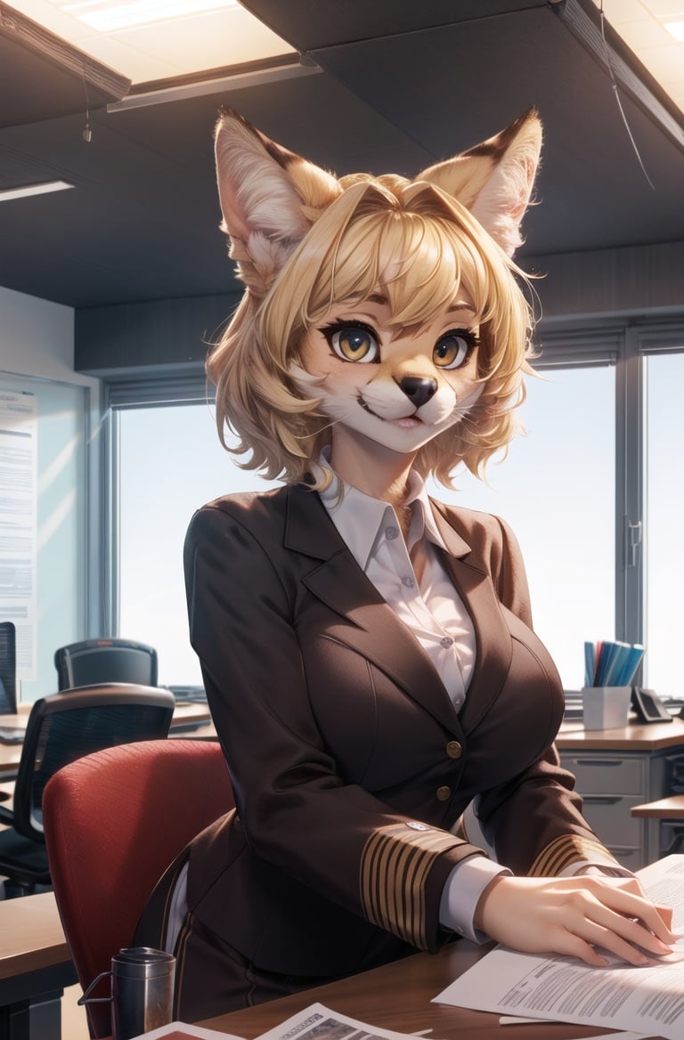 masterpiece, best quality,hdr,8k,1girl,furry female,officesolo,(high detail fur:1.2),cinema angle,8K,game CGperfect lighting,servalcat,(office lady uniform:1.1),looking at viewer,blonde<lora:servalcat:0.7>  <lora:add_detail:0.35> 