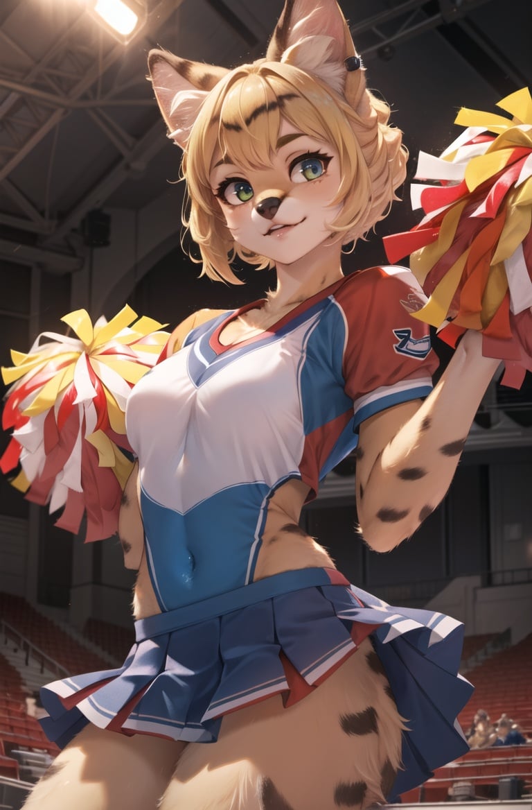 masterpiece, best quality,hdr,8k,1girl,furry femalesolo,(high detail fur:1.2),cinema angle,8K,game CG,after performperfect lighting,servalcat,Cheerleading uniform,looking at viewer,blonde<lora:servalcat:0.7>