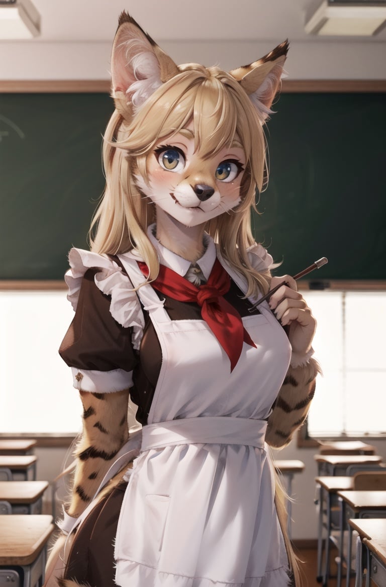 solo,masterpiece, 8k,best quality ,furry girl,8k,hdr,hires,high detail fur,classroom,servalcatperfect anatomy,blonde,long hair,look at looking at viewer,(white apron:1.1),red neckchief <lora:servalcat:0.7> <lora:sovietForm:0.5>