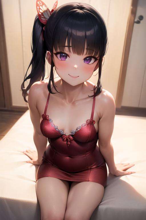 (detailed hair), (masterpiece), (best quality), (ultra-detailed), sharp focus, detailed face, perfect anatomy, perfect lighting, (intricate details), (depth of field), 1girl, full body, <lora:KanaoTsuyuri:1>, KanaoTsuyuri, small breasts, red dress, single side ponytail, smiling