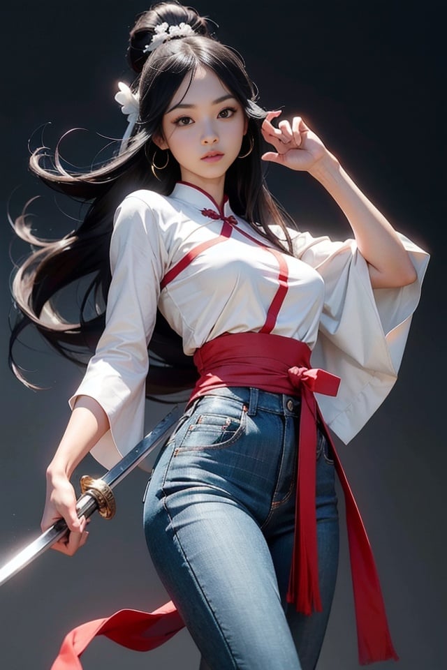 Fisheyes,masterpiece,top quality,best quality,official art,beautiful and aesthetic,animation,(photorealistic:1.4),1girl,Black hair,chinese traditional style,(Medium breast),Long Sleeve,Low-Rise Jeans,weapon,sword,male focus,solo,white background,looking at viewer,simple background,holding weapon,holding,full body,holding sword,Long hair,((ojou-sama pose)),<lora:武侠&weapon,sword:0.4:1,0,0,0,0,0,0.2,1,1,1,0.8,1,1,1,1,1>,(ass:0.8),Side,Jumping,