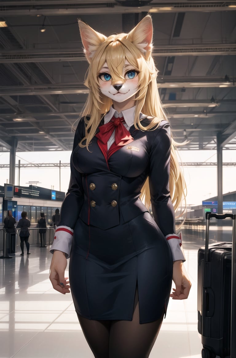 masterpiece, best quality,hdr,8k,furry female,airport,solo,blonde,long hairservalcat,air stewardess uniform,kitten,adorable,looking at viewer,<lora:servalcat:0.6>