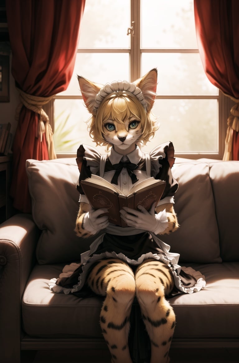 masterpiece, best quality,1girl,furry,reading book,blonde,servalcat,side of windows,perfect light,sit,kitten,adorable,maid dresss, looking at viewer,<lora:servalcat:0.7>