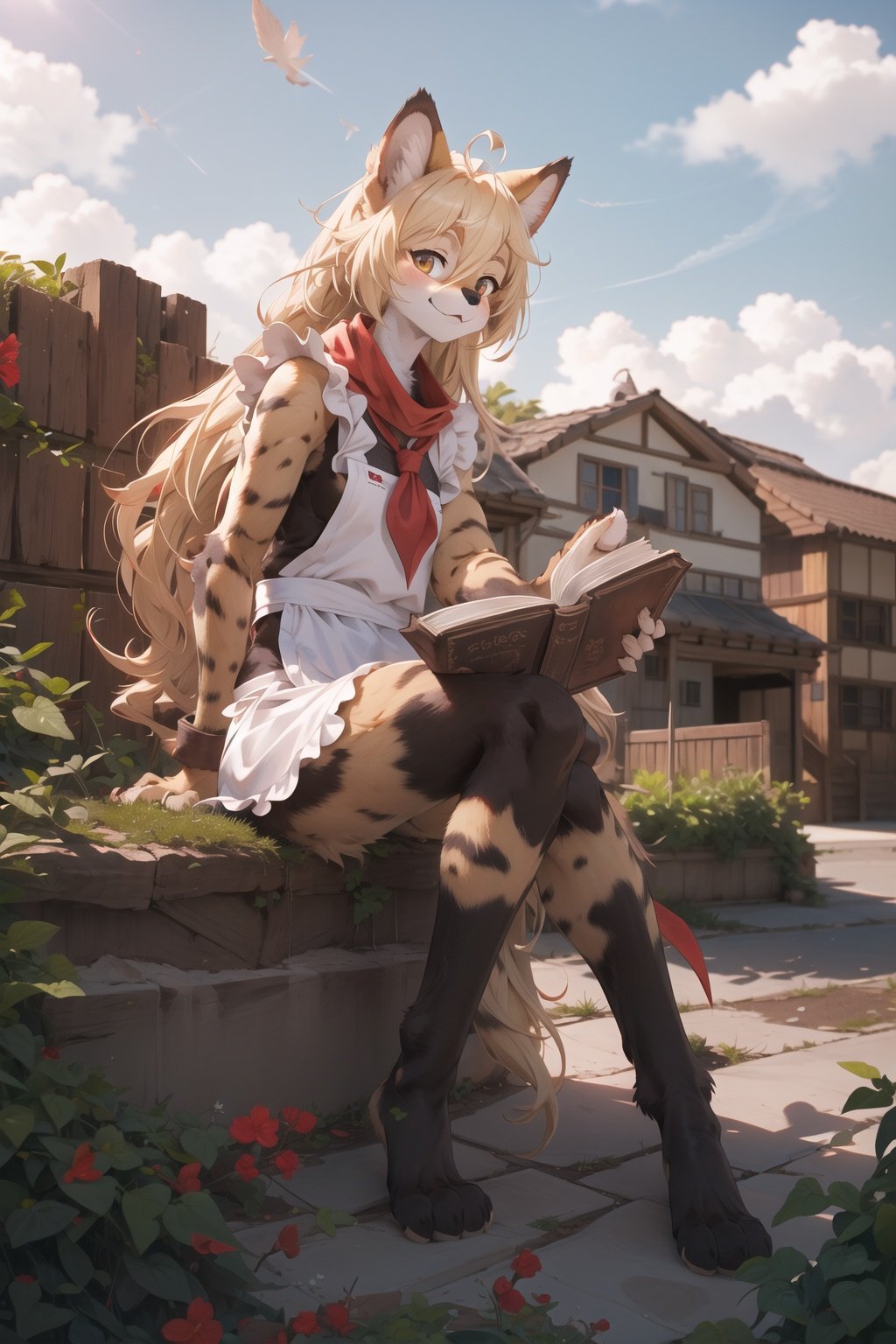 solo,masterpiece, 8k,best quality ,furry girl,8k,hdr,hires,high detail fur,outdoors,servalcat,holding_bookperfect anatomy,blonde,long hair,look at looking at viewer,(white apron:1.1),red neckchief,soumao,3DMM,nijistyle