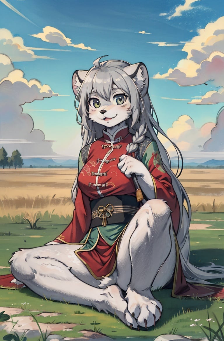 masterpiece, best quality,(furry girl:1.3)hdr,8k,hires,extremely detailed CG unity 8k wallpaper,prairie,manul,tusunillustration,absurdres,traditional media,grey hair ,long hair,looking at viewer,cloudy sky ,chinese clothes, outdoors,paws,<lora:Manul:0.7><lora:EnvyBeautyMix25:0.5>