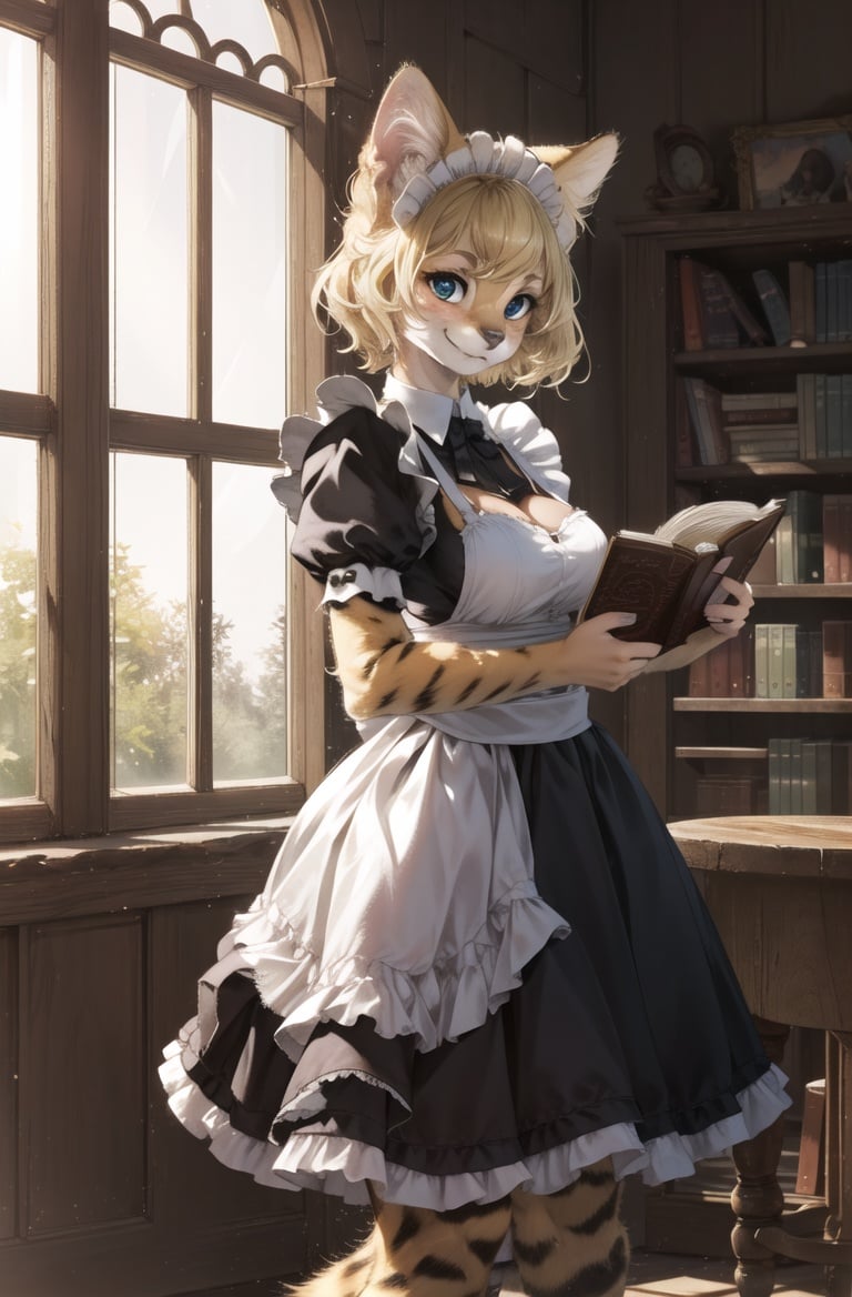 masterpiece, best quality,4k,hdr,good_quality,furry girl,reading book,blonde,servalcat,side of windows,perfect light,dynamic pose, ,kitten,adorable,maid dresss, looking at viewer,<lora:servalcat:0.7>