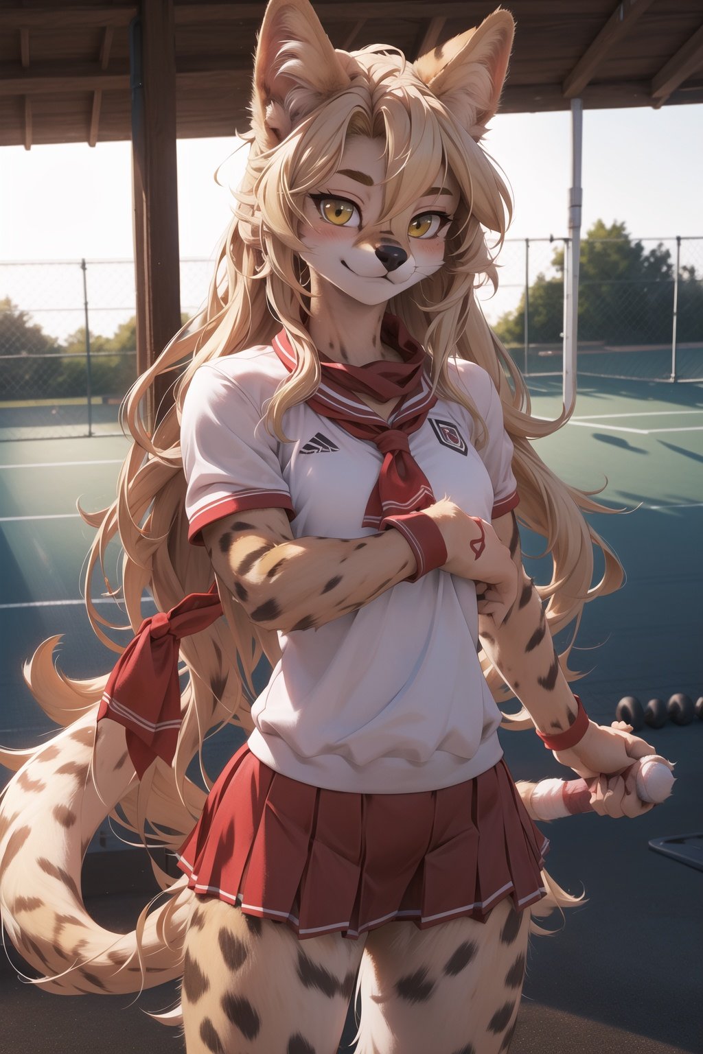 solo,masterpiece, 8k,best quality ,furry girl,8k,hdr,hires,high detail fur,servalcat,perfect anatomy,blonde,long hair,look at looking at viewer,tennis uniform,gym,red neckchief,soumao,3DMM,nijistyle