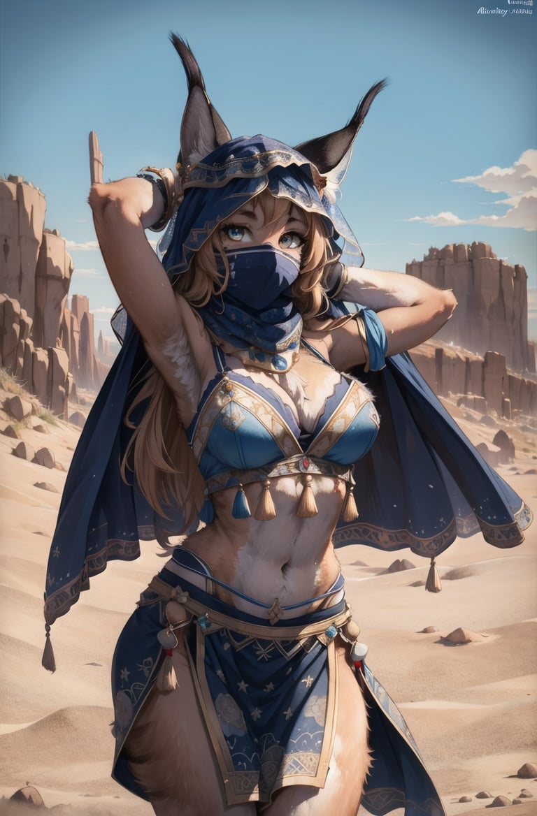 masterpiece, best quality,furry girl,hdr,8k,hires,extremely detailed CG unity 8k wallpaper, illustration,absurdres,traditional media, winddesert ,blue sky,solo,high detail fur,caracal,long hair,dancer,(veil:1.2),looking at viewer,dancing<hypernet:furry_kemono:0.3>  <lora:Caracal:0.7> 