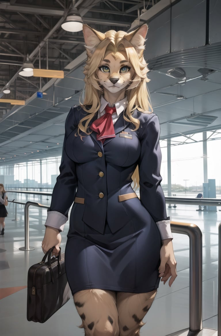 masterpiece, best quality,hdr,8k,furry female,airport,solo,blonde,long hairservalcat,air stewardess uniform,kitten,adorable,looking at viewer,<lora:servalcat:0.6> <lora:rd-rn-v3:0.5>