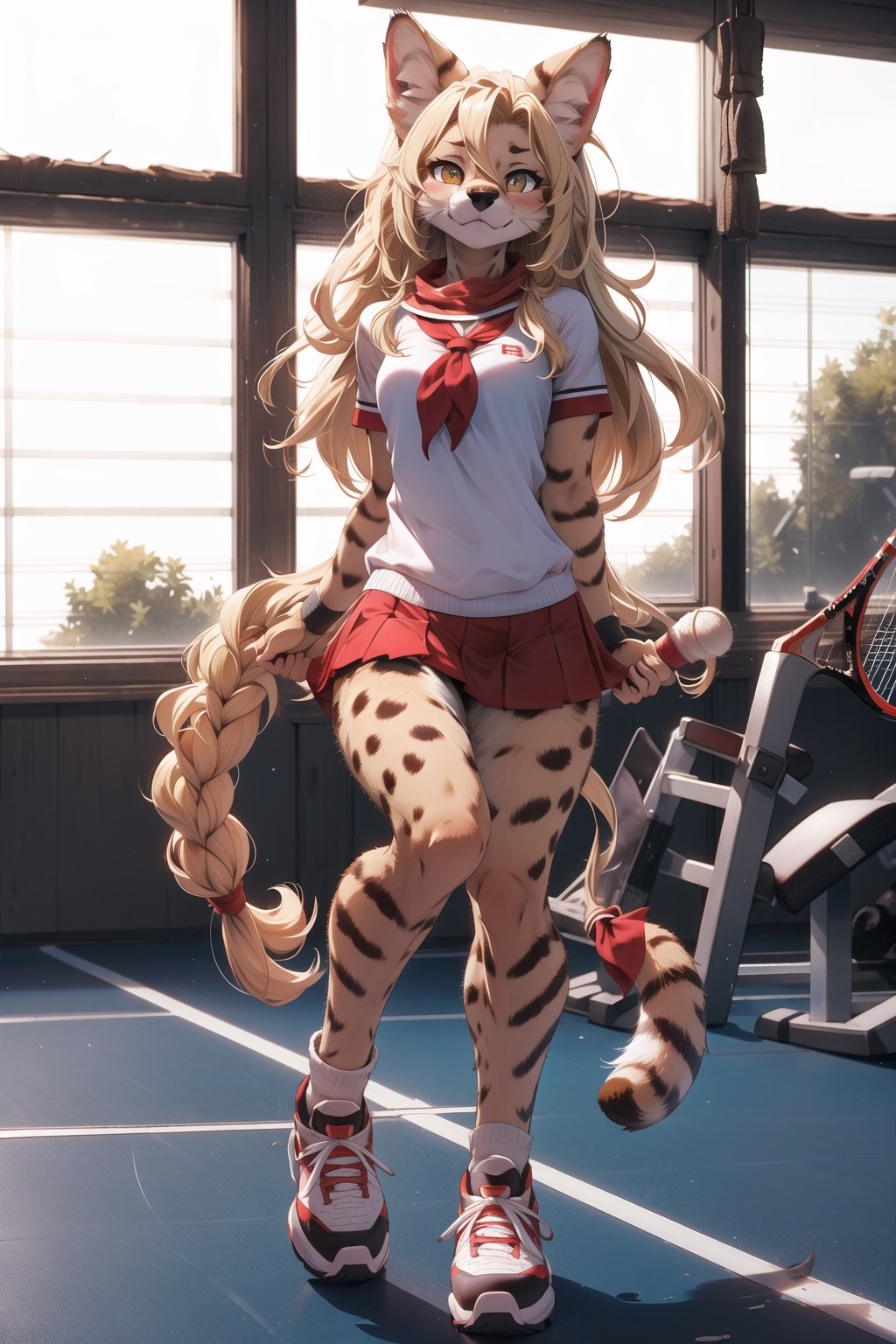 solo,masterpiece, 8k,best quality ,furry girl,8k,hdr,hires,high detail fur,servalcat,perfect anatomy,blonde,long hair,look at looking at viewer,tennis uniform,gym,red neckchief,soumao,3DMM,nijistyle