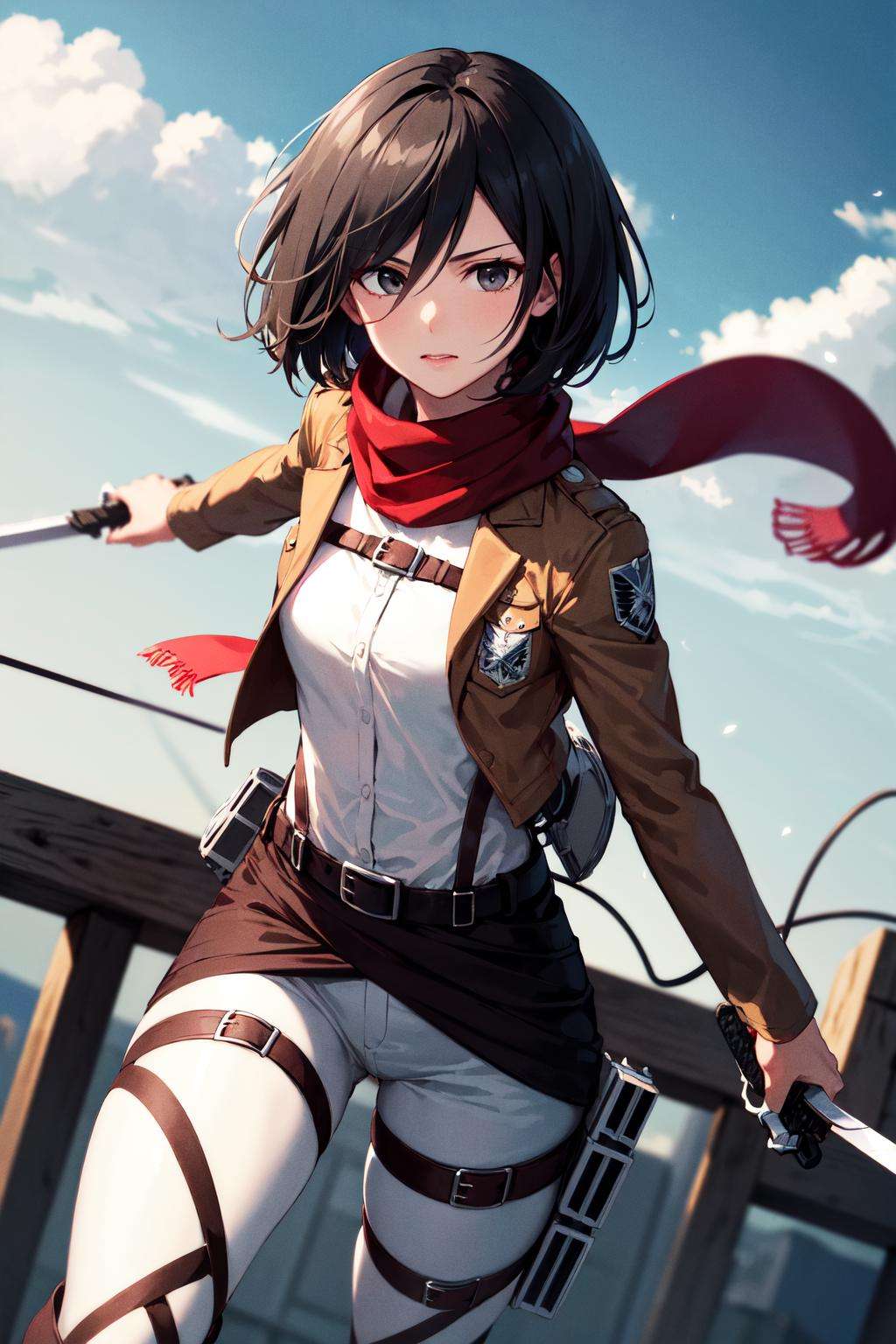 masterpiece, best quality, highres, hmmikasa, short hair, black eyes, scarf, emblem, belt, thigh strap, red scarf, white pants, brown jacket, long sleeves, <lora:mikasa_ackerman_v1:0.7>, holding weapon, sword, dual wielding, three-dimensional maneuver gear, fighting stance, sky,