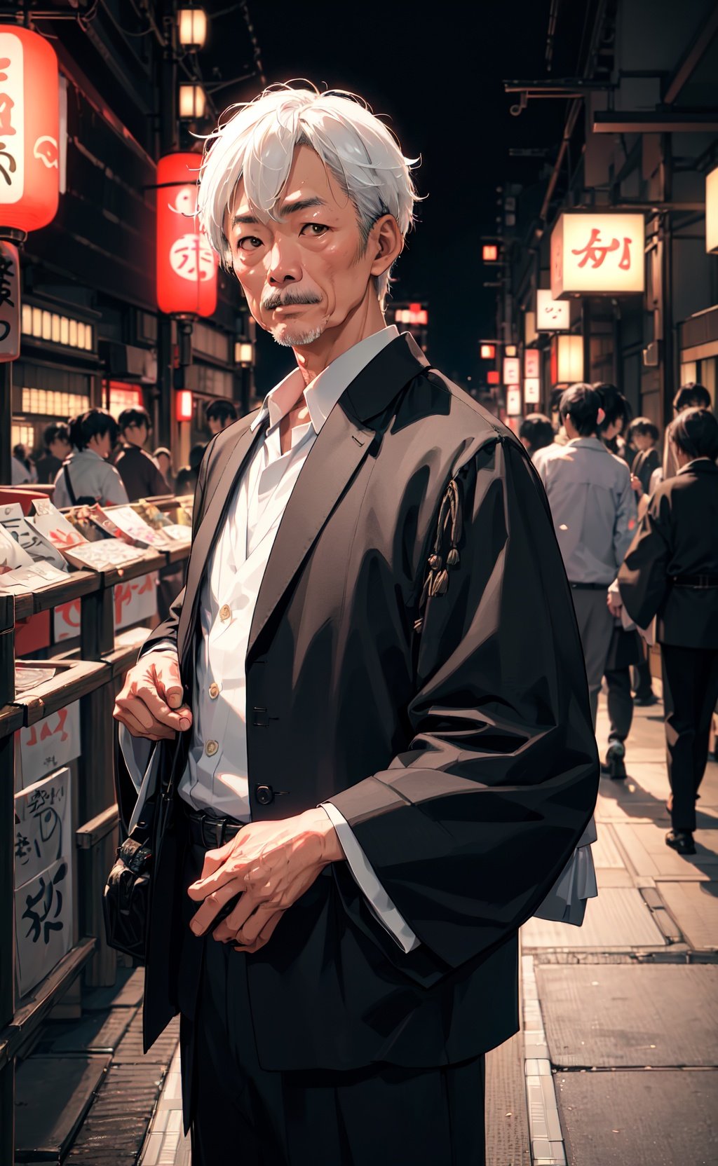 RAW photo, a portrait photo of 50 y.o japanese man in clothes, night tokyo, (high detailed skin:1.2), 8k uhd, dslr, soft lighting, high quality, film grain, Fujifilm XT3