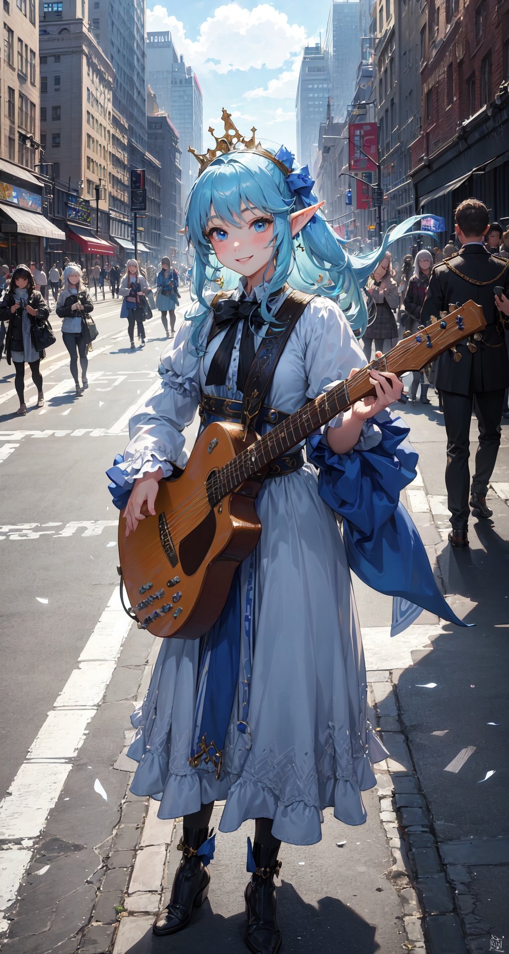 masterpiece, best quality, realistic, 1girl, the cloud elf queen busks on the streets of new york, smile, small crowd gathering around the performance, casual