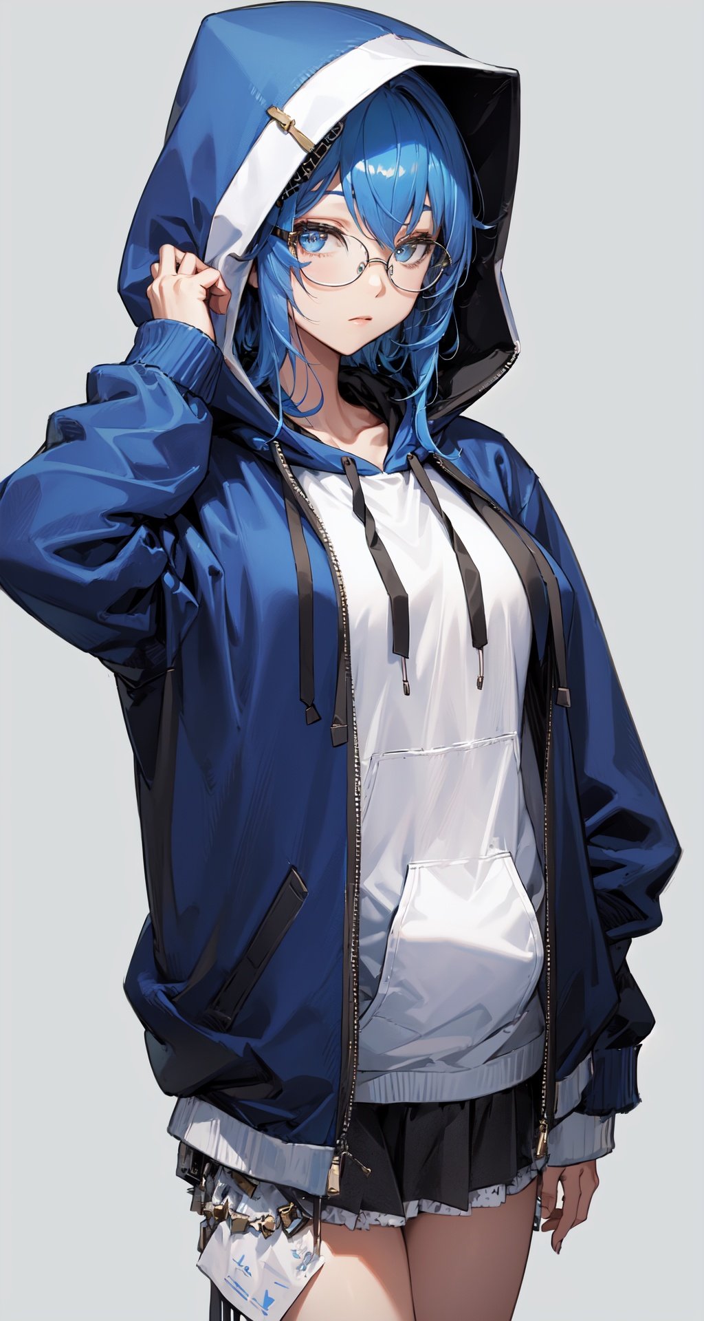 masterpiece, best quality, 1girl, blue hair, medium hair, hoodie, hood up, glasses, jewelry, simple background