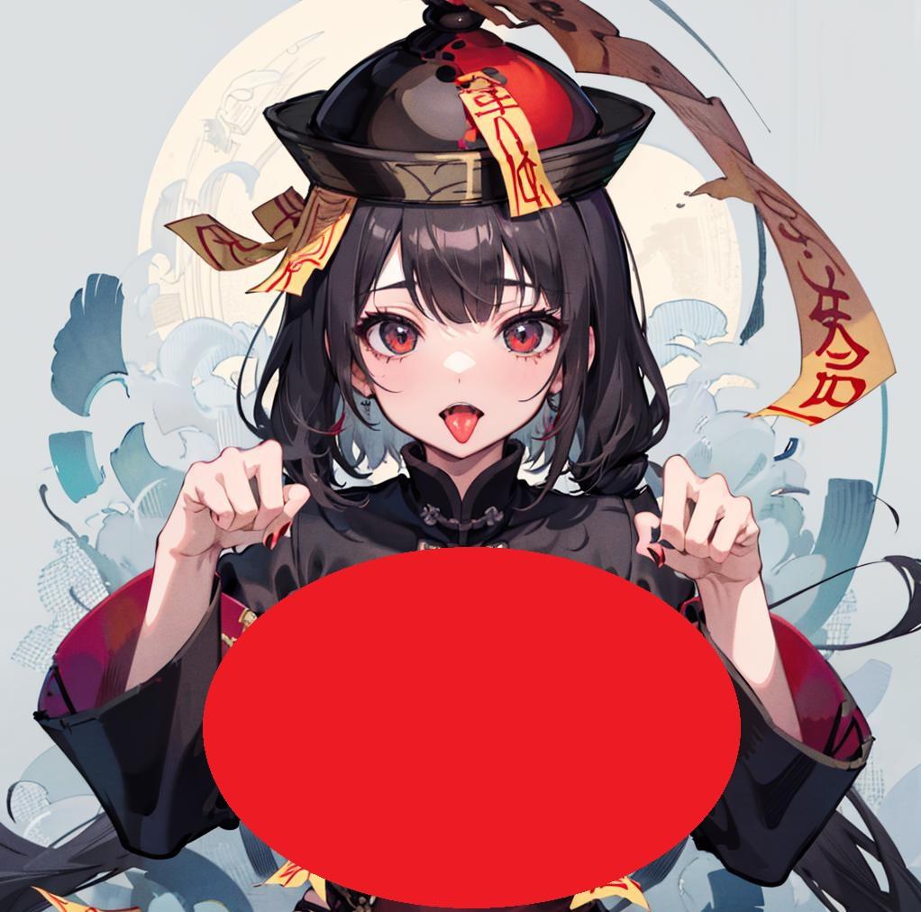 1girl, large breasts, jiangshi,qing guanmao, <lora:JiangshiV2[jiangshi_qing_guanmao]:0.9>,((long_hair)),((black hair)), night,graveyard, tongue out, paw pose, cowboy shot, 