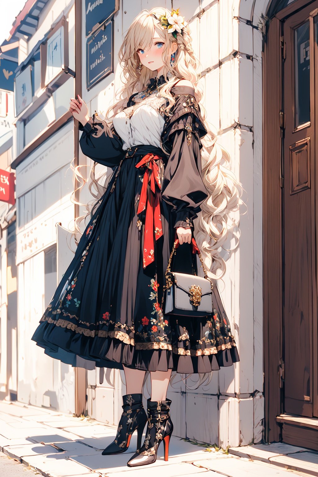 (masterpiece:1.2), best quality,game cg,1girl, solo, long hair, blonde hair, hair ornament, holding bag, bag, high heels, dress, full body, looking at viewer, holding, simple background, blue eyes, standing, hair flower, white background, flower, bangs, black footwear, handbag, red dress, closed mouth, long sleeves, skirt, wavy hair, blush, breasts, very long hair, jewelry, hand up, floral print, frills <lora:fantasy_20230707233406-000012:1>