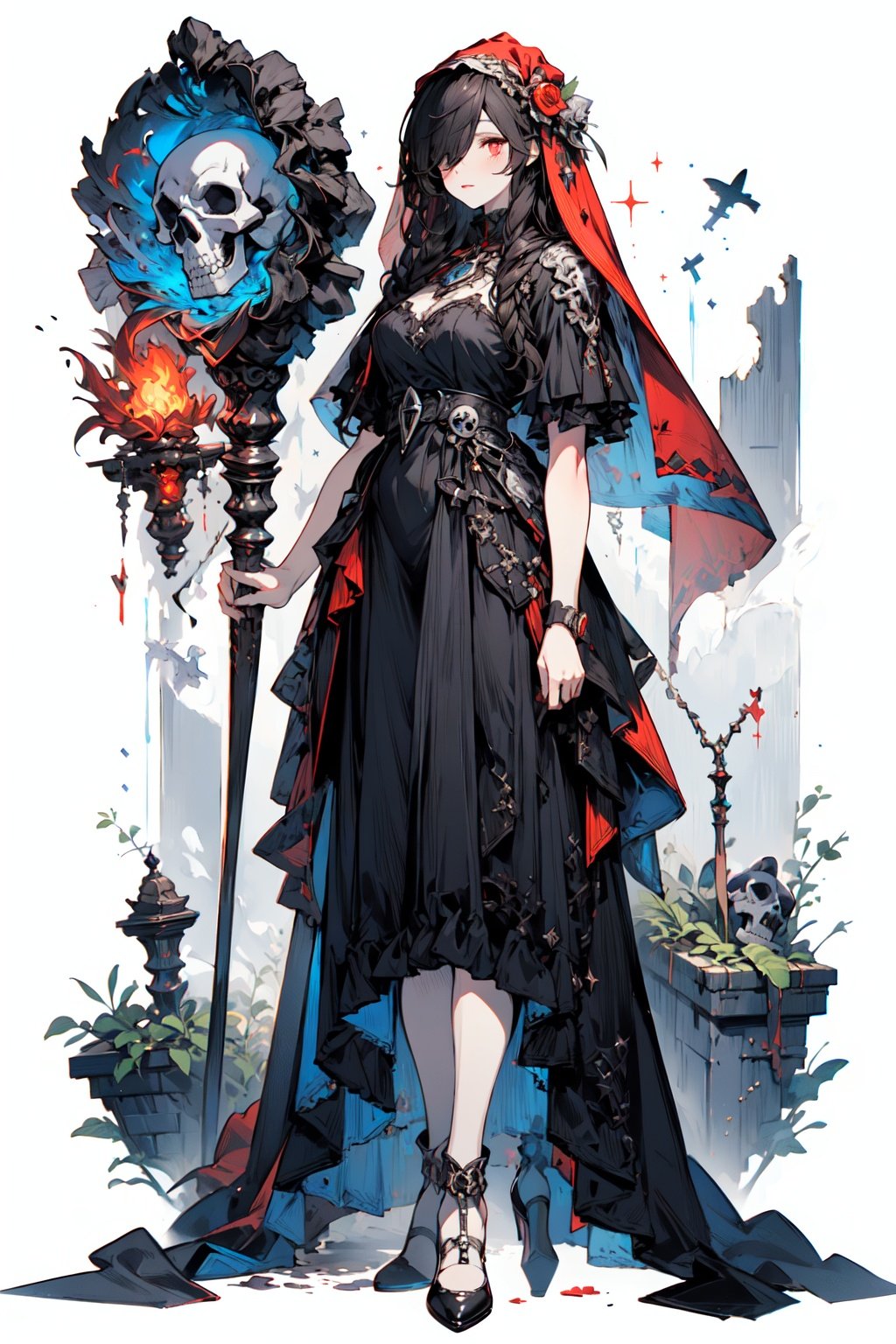 [(white background:1.5)::5], (imid shot:0.95), (full body:1.25),(masterpiece:1.2), best quality,game cg,ghost，spirit,skull,1girl,black hair,red glowing eyes,black dress,veil over eyes, <lora:fantasy_20230707233406-000012:0.9>