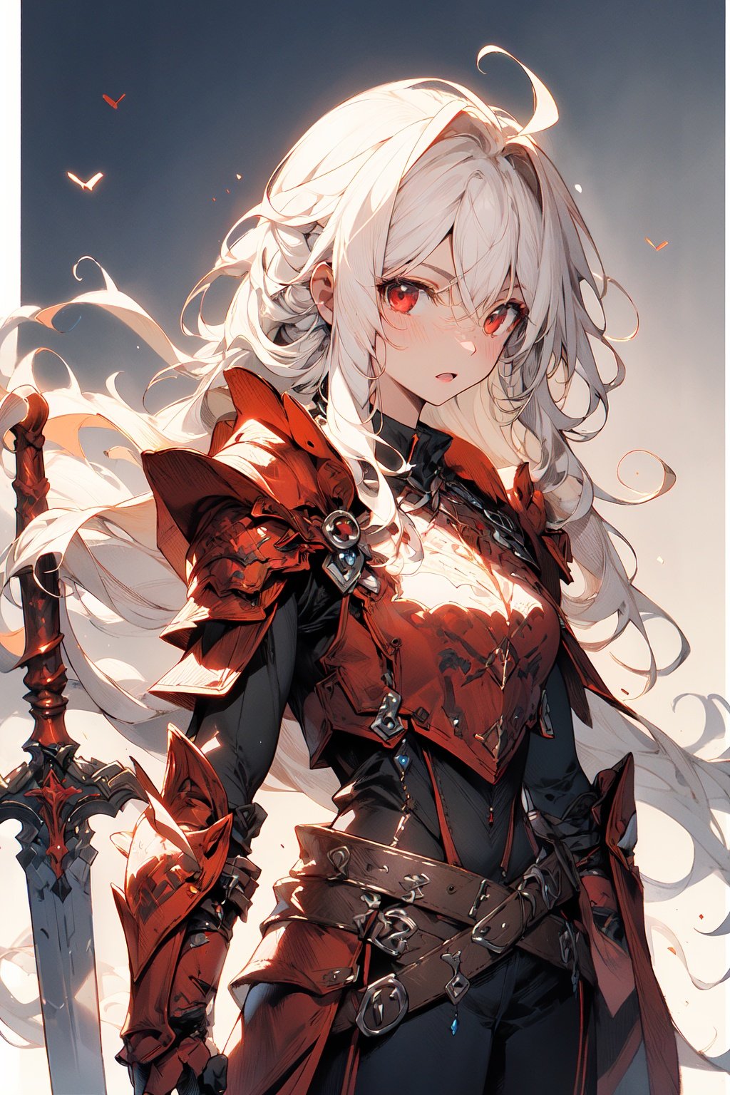 [(white background:1.5)::5],(masterpiece:1.2), best quality,game cg,1girl, weapon, solo, sword, long hair, red eyes, gauntlets, looking at viewer,armor, <lora:fantasy_20230707233406-000014:1>